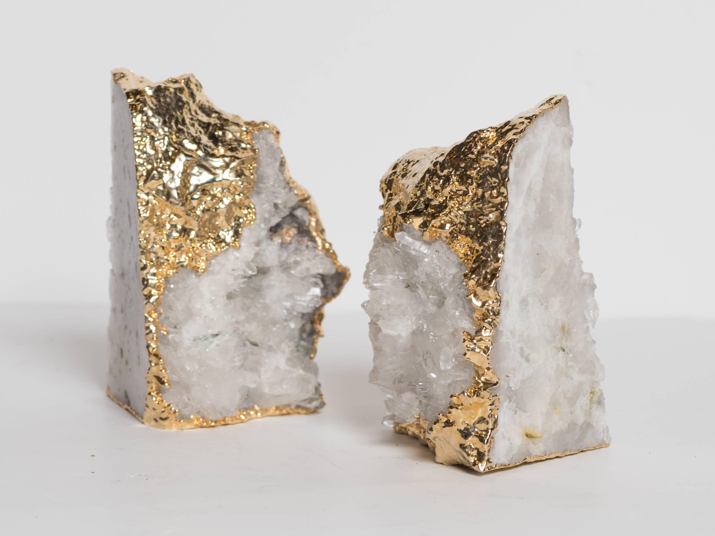 Organic Modern Pair of Exquisite Rock Crystal Quartz Bookends Wrapped in 24-Karat Gold