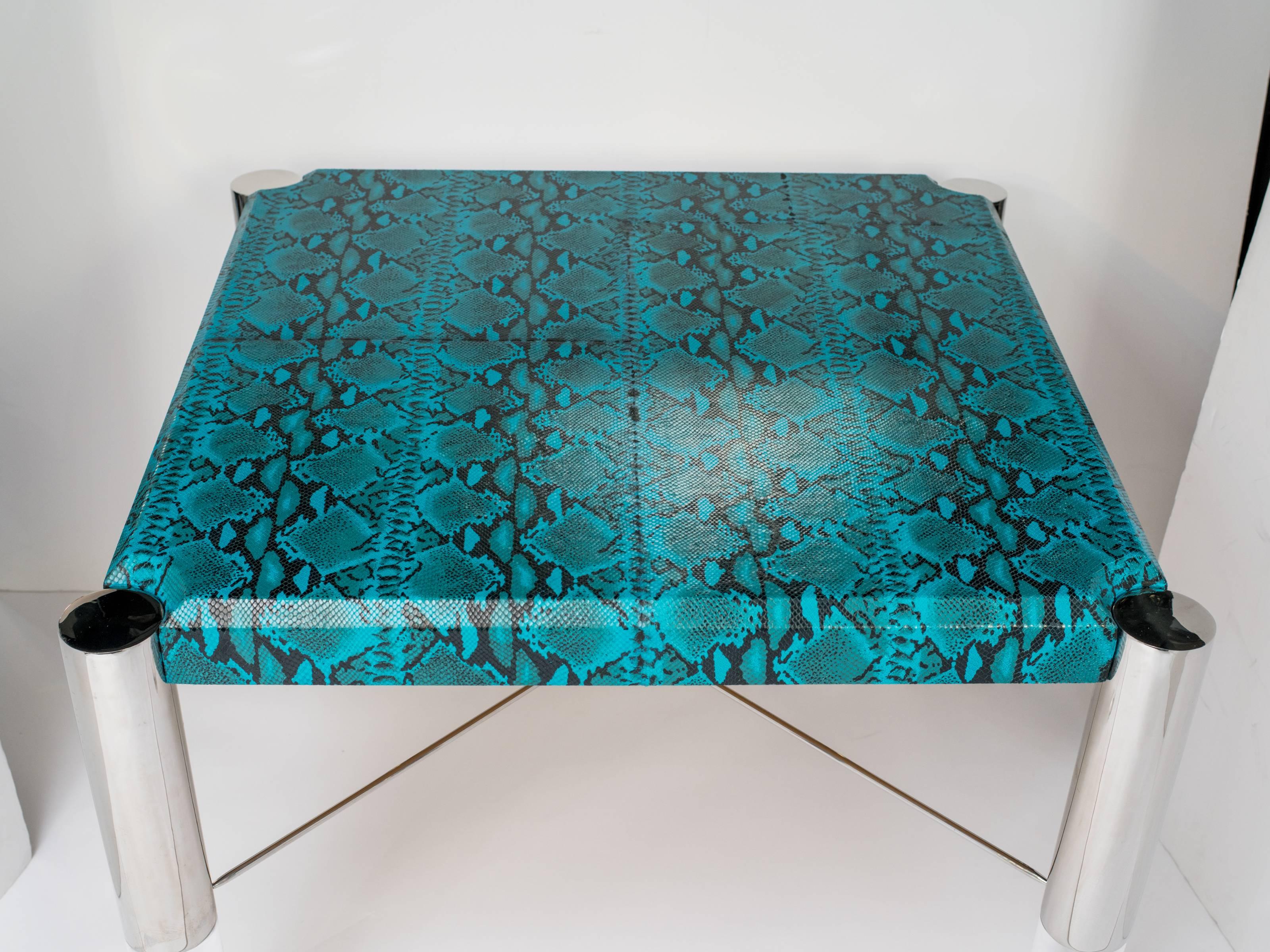 1970's Mid-Century Modern Turquoise Snakeskin Game Table In Excellent Condition In Fort Lauderdale, FL