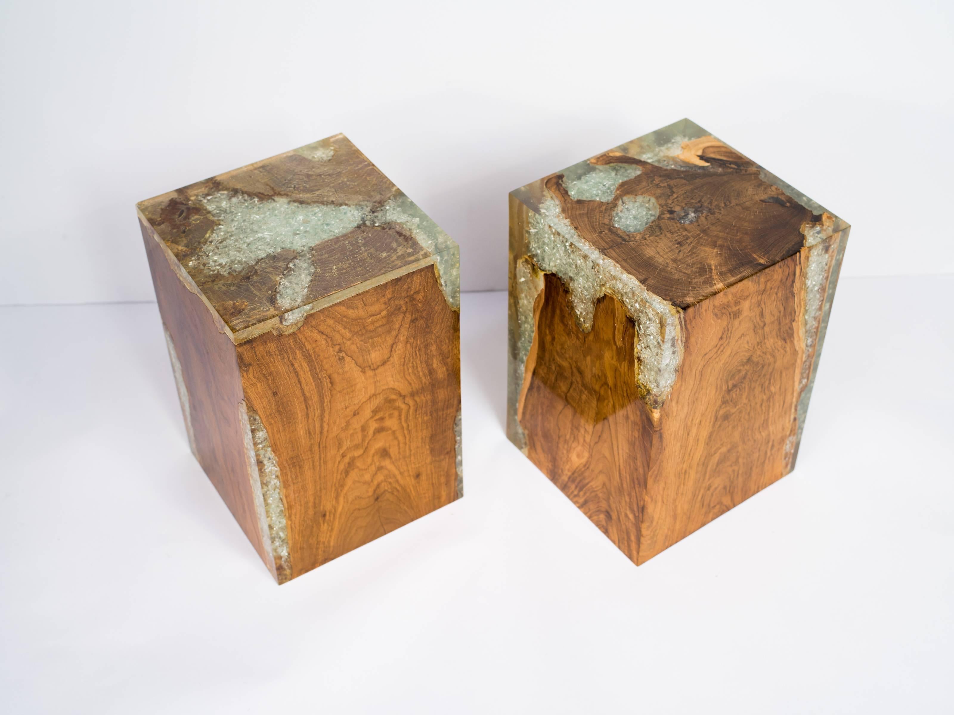 Indonesian Organic Teak Wood and Cracked Resin Cube Tables