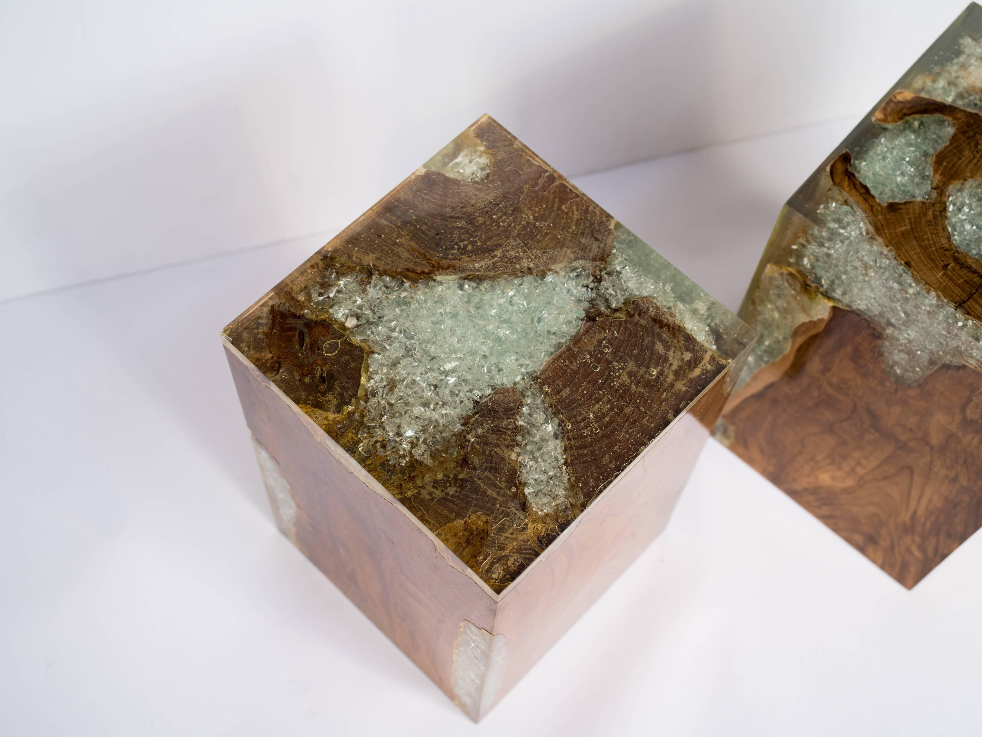 Contemporary Organic Teak Wood and Cracked Resin Cube Tables