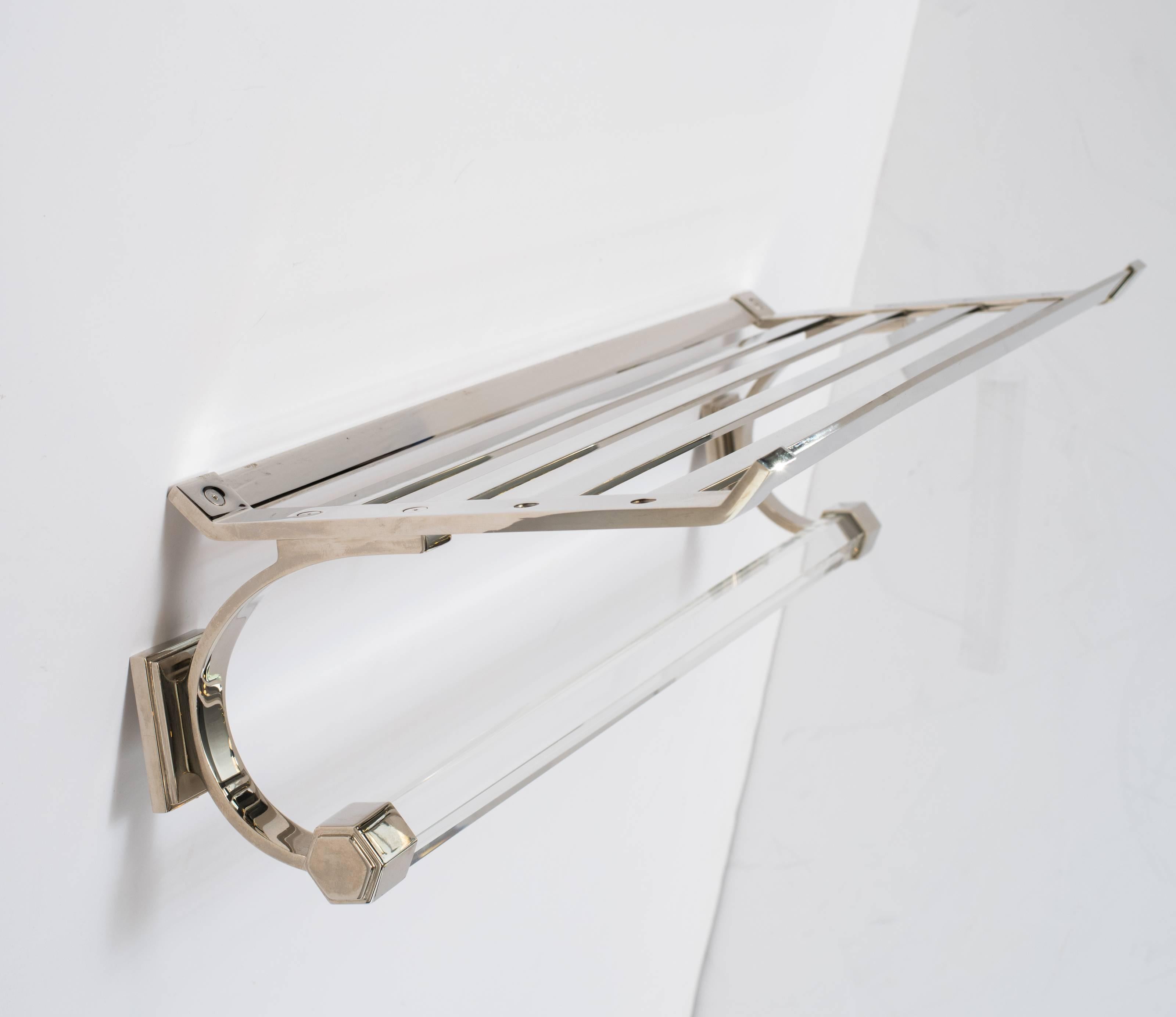 American Vintage Modern Train Rack in Polished Nickel with Glass Rod Detail