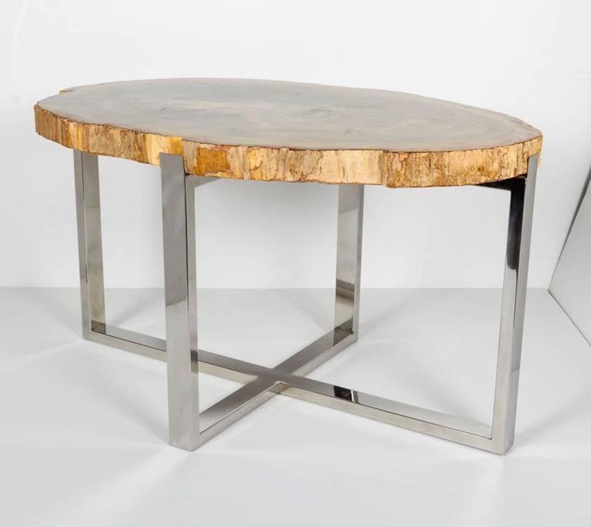 Indonesian Organic Modern Petrified Wood Table with Custom Chrome Base