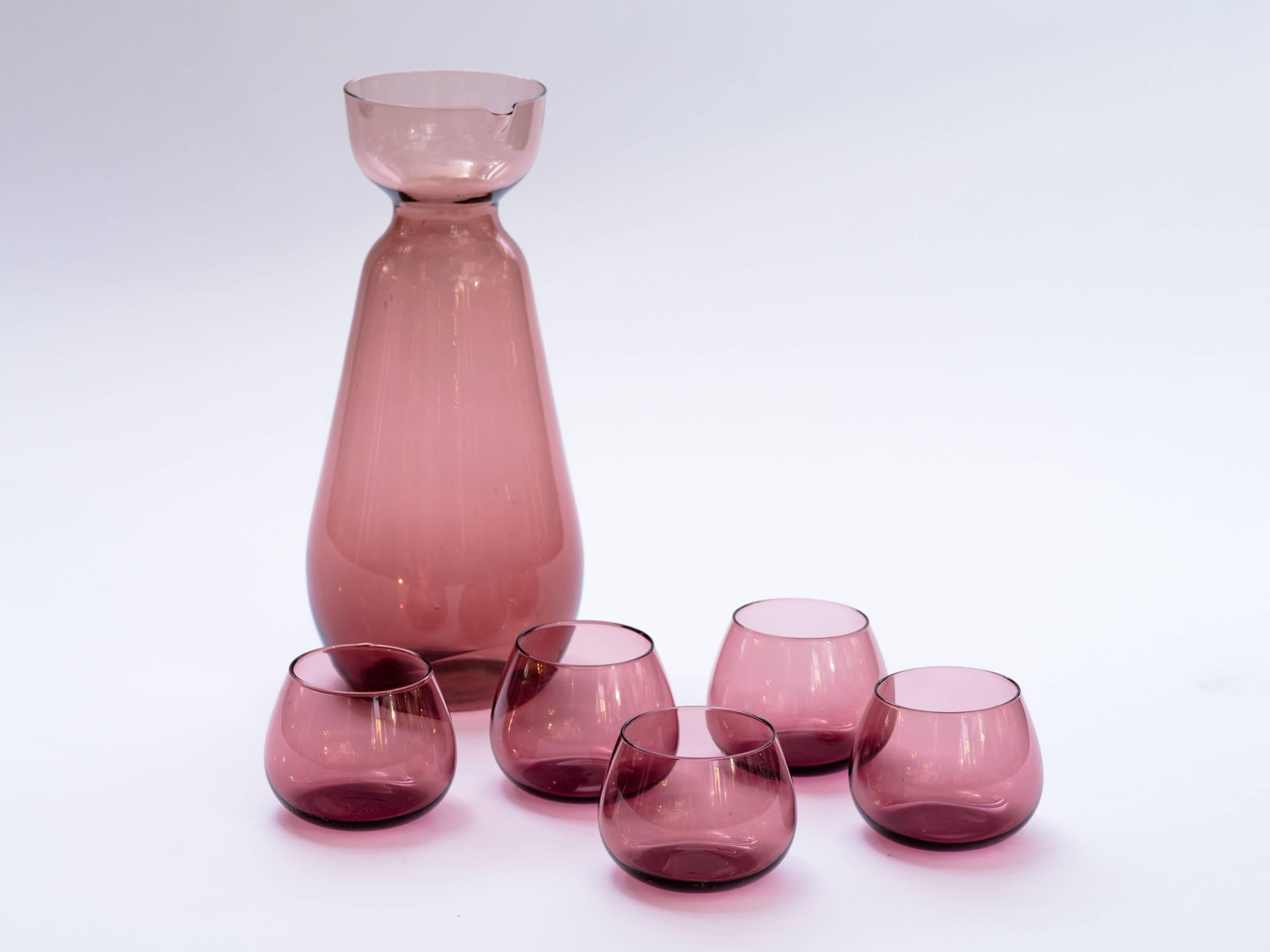 Scandinavian Modern Barware Set in Blown Amethyst Glass / 7Pc. Set at