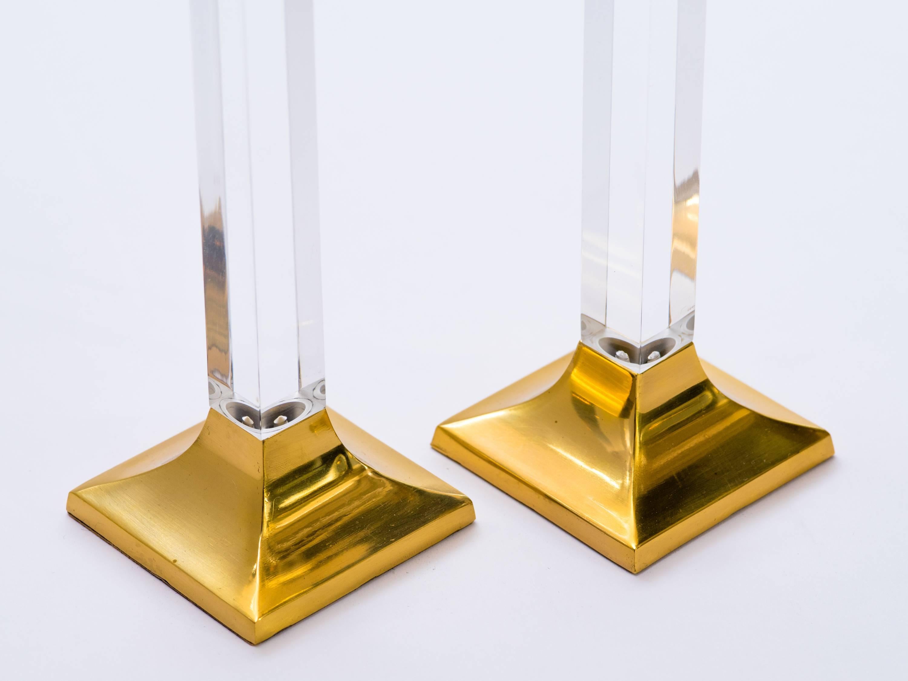 Late 20th Century Pair of Vintage Brass and Lucite Candleholders