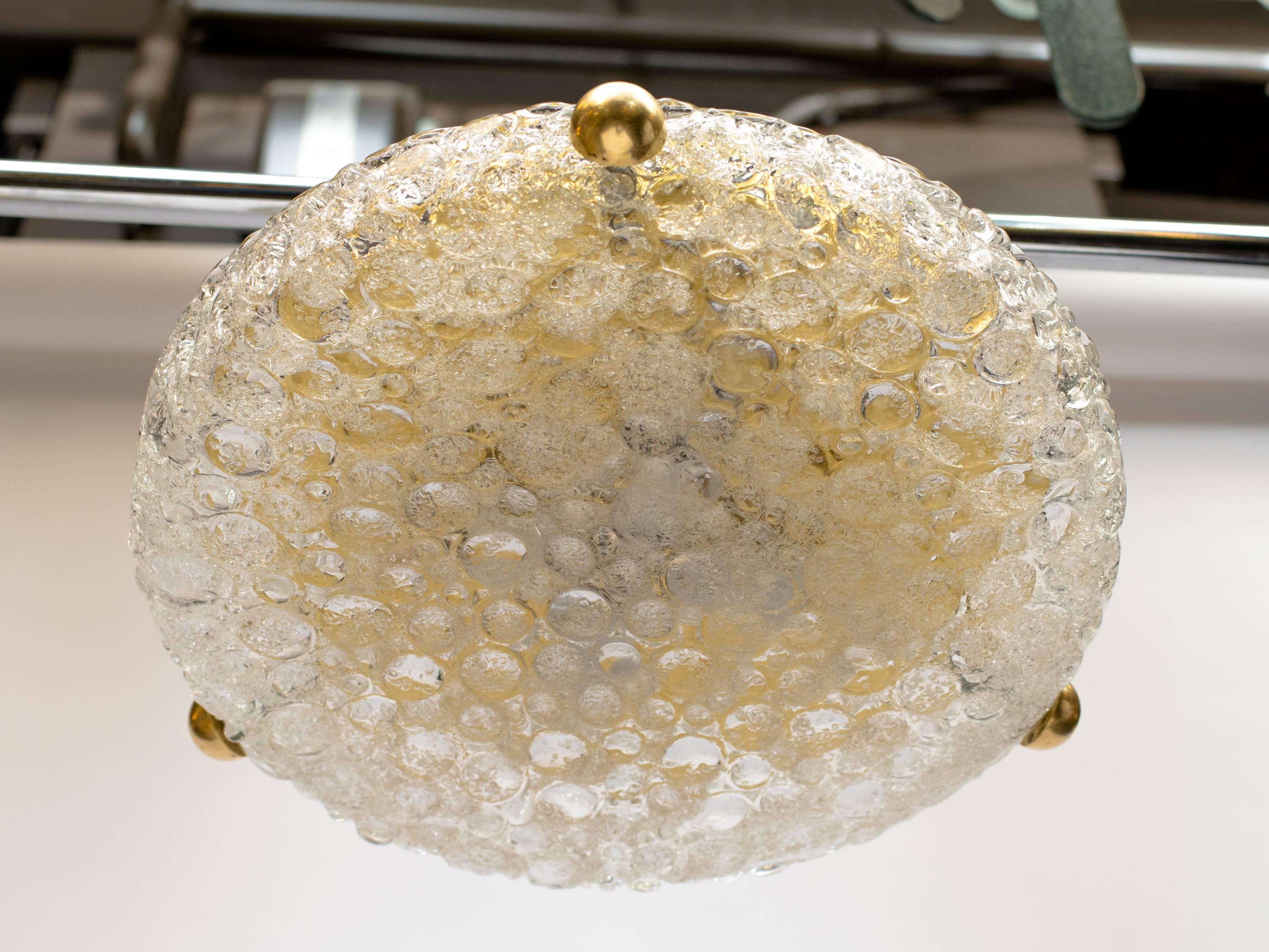 Midcentury Flush Mount Chandelier with Textured Glass by Kaiser In Excellent Condition In Fort Lauderdale, FL