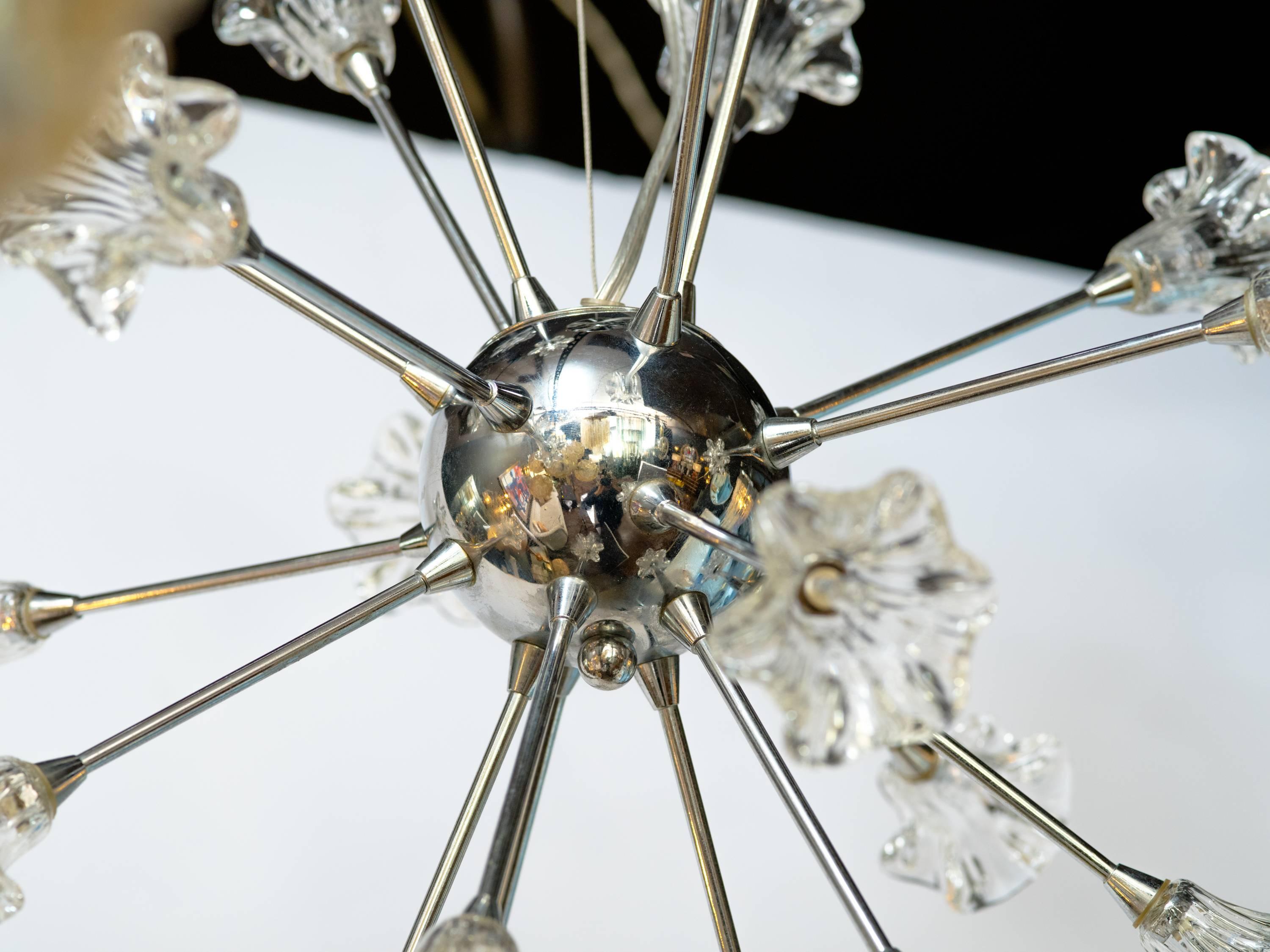 Mid-Century Modern Sputnik Chandelier with Floral Glass In Good Condition In Fort Lauderdale, FL