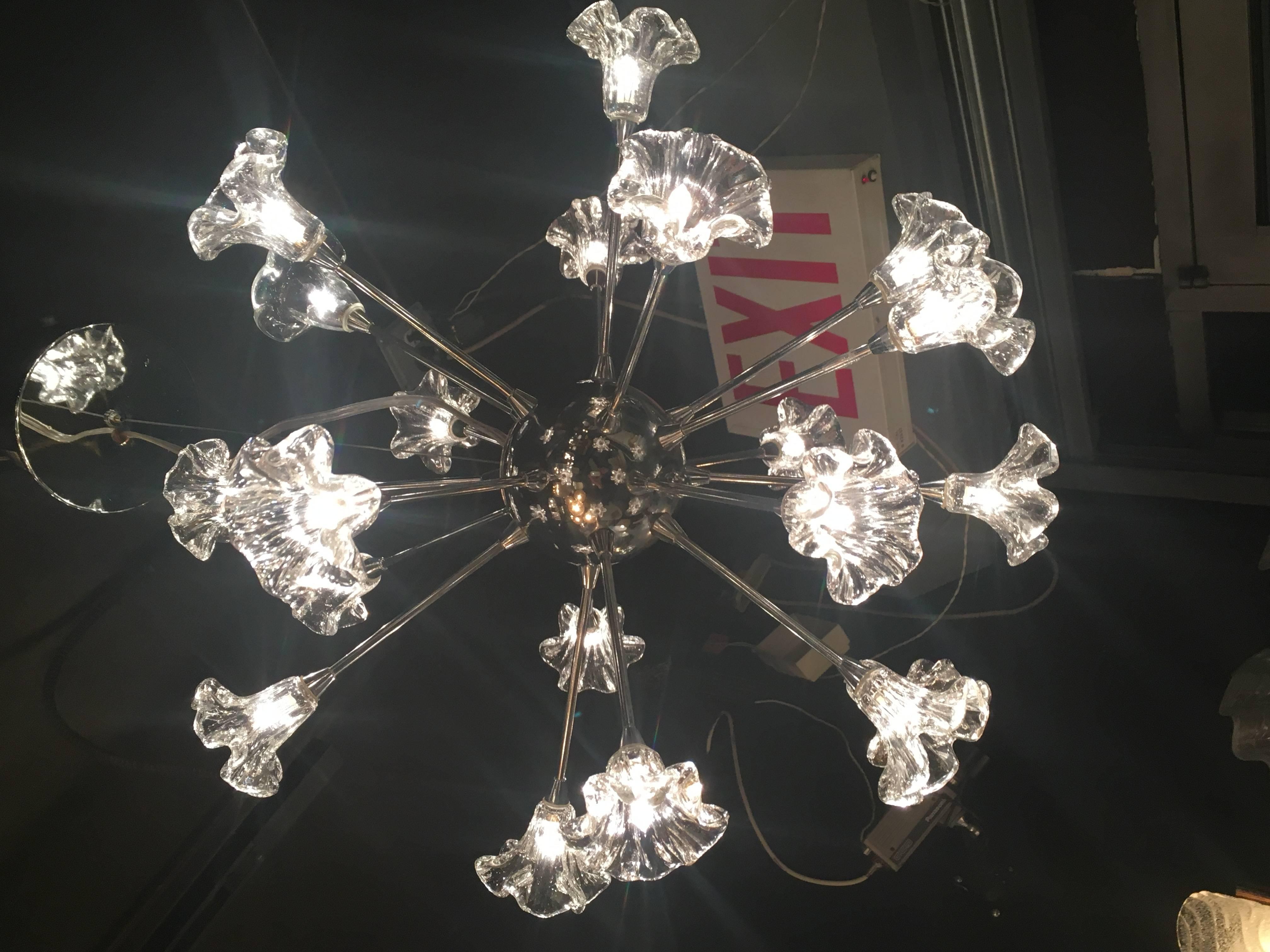 Late 20th Century Mid-Century Modern Sputnik Chandelier with Floral Glass