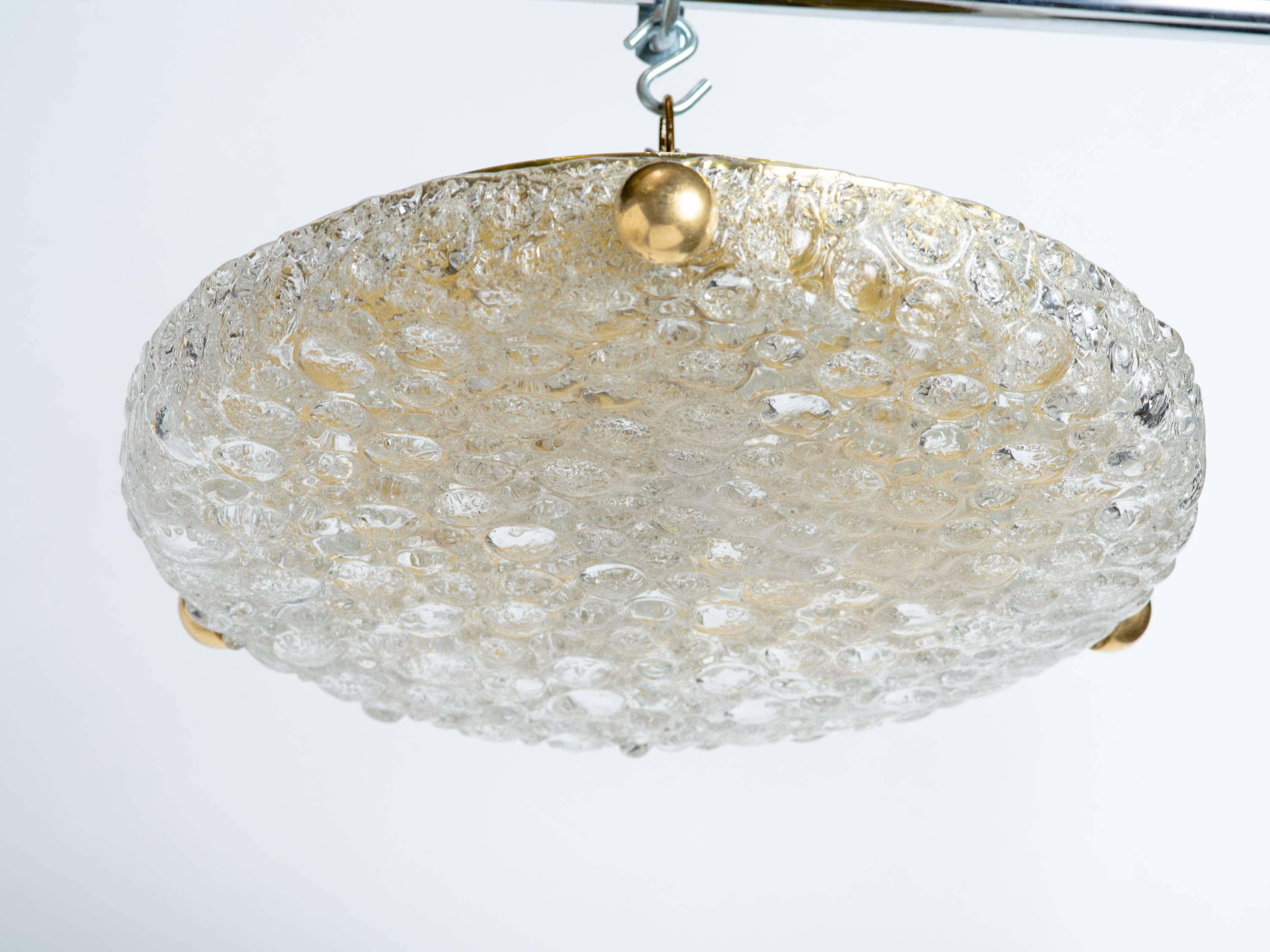 Mid-Century Flush Mount Chandelier with Textured Glass by Kaiser In Excellent Condition In Fort Lauderdale, FL