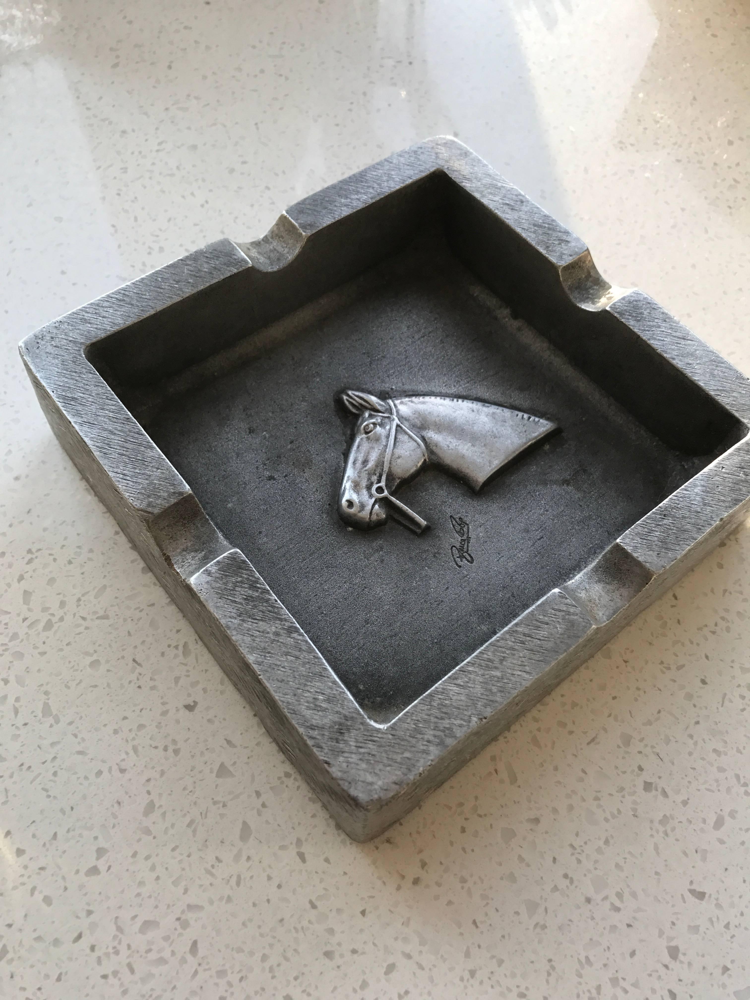Hand-Carved Mid-Century Modern Equestrian Theme Ashtray in Pewter