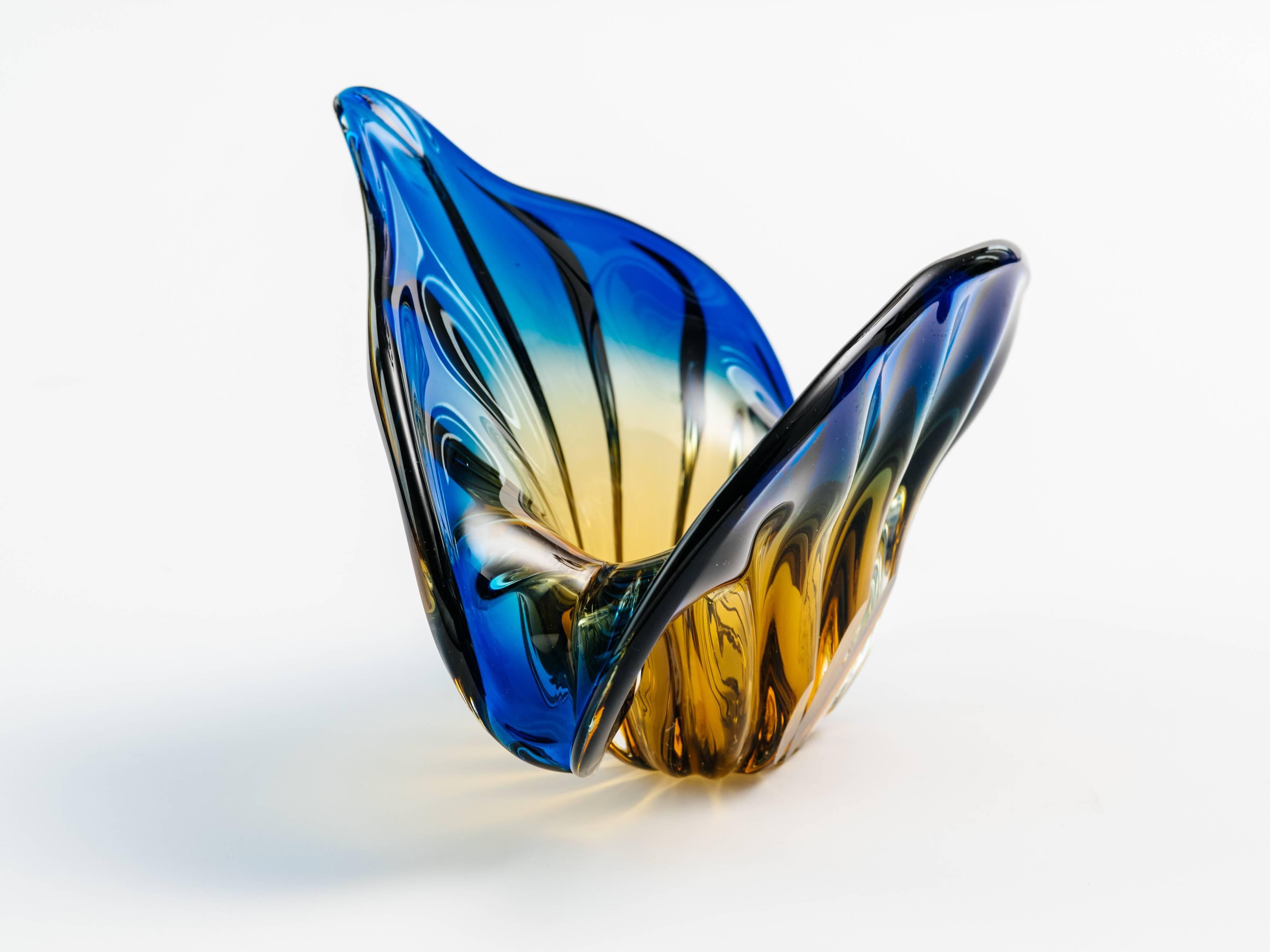 French Art Deco Fleur-de-Lis Murano Vase in Vibrant Blue and Amber