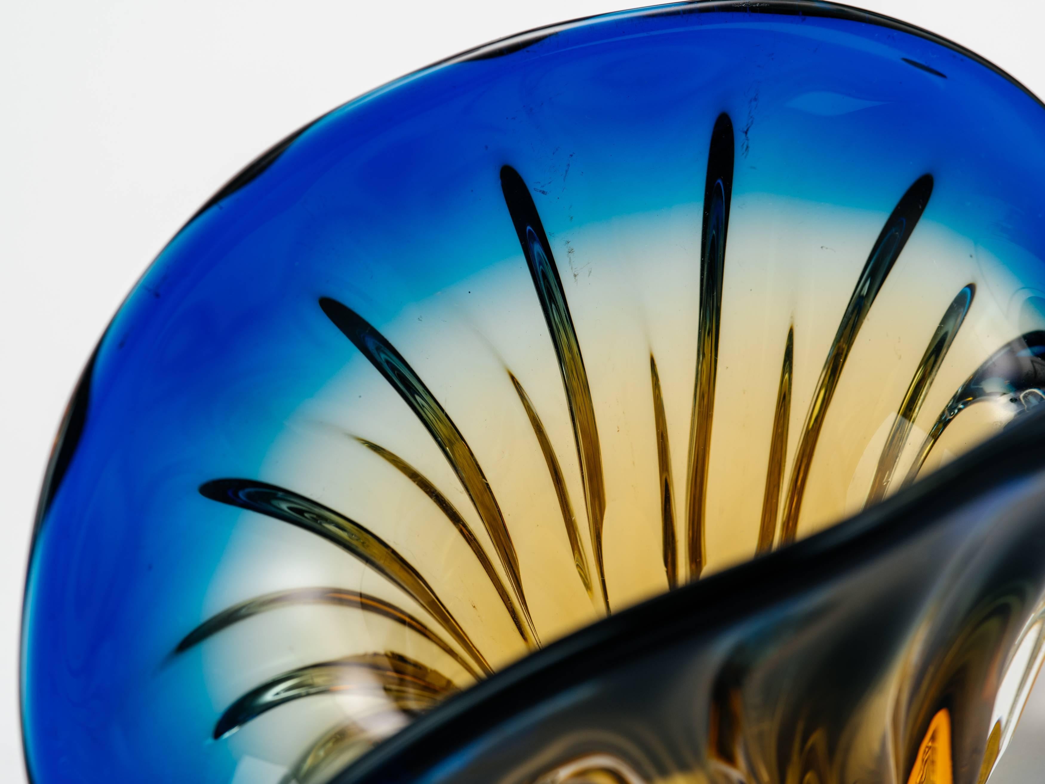 Murano Glass Art Deco Fleur-de-Lis Murano Vase in Vibrant Blue and Amber