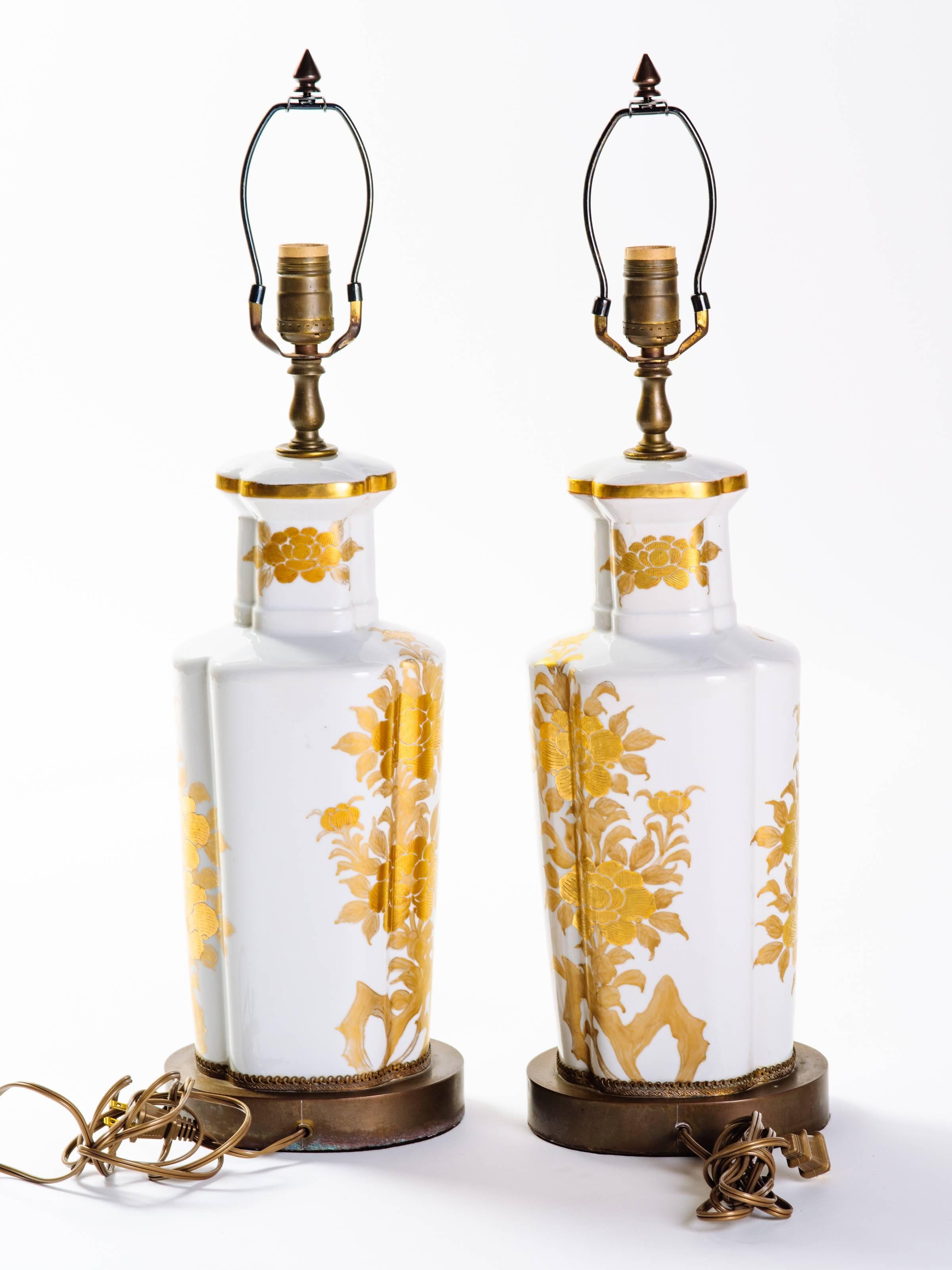 Bronze Pair of Hollywood Regency Porcelain Lamps by Marbro