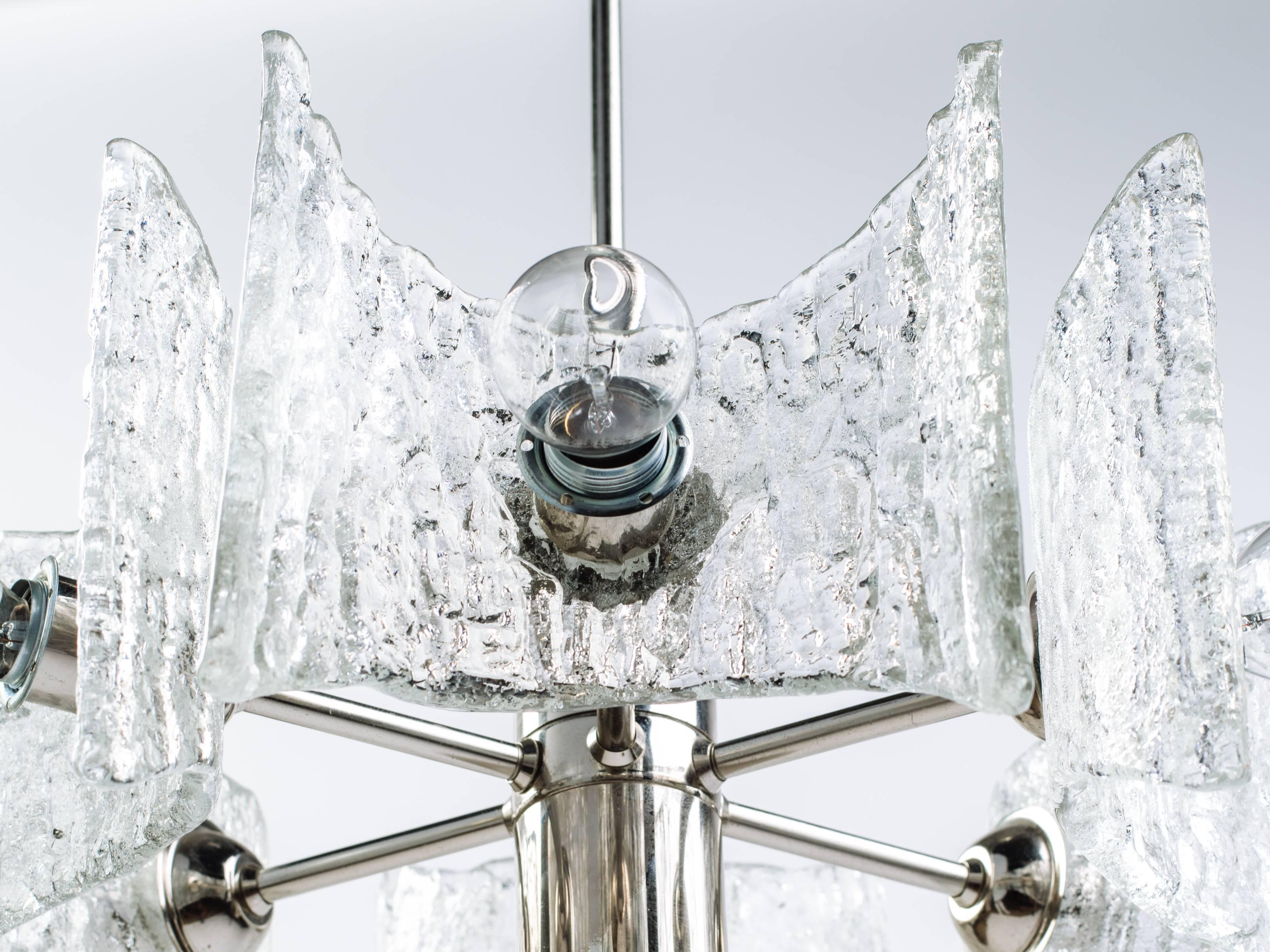 Blown Glass German Mid-Century Modern Ice Glass Chandelier by Kalmar