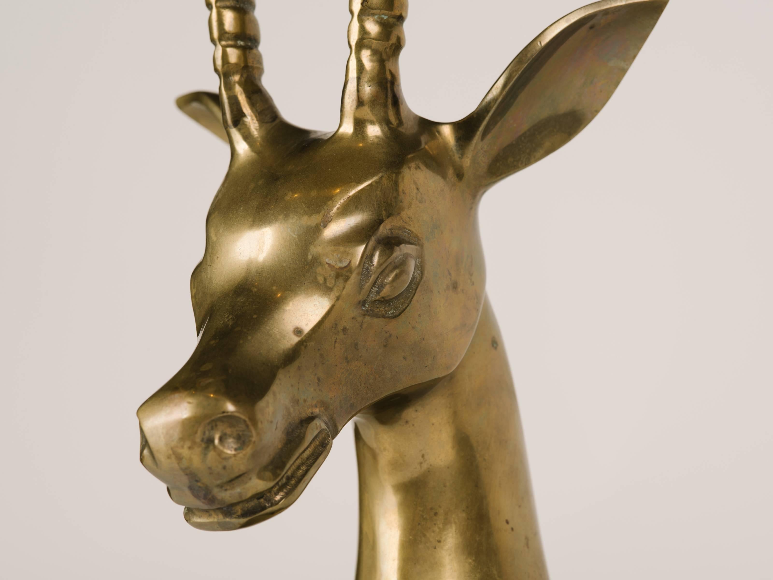 Mid-20th Century Mid-Century Modern Brass Gazelle Sculpture with Exotic Marble