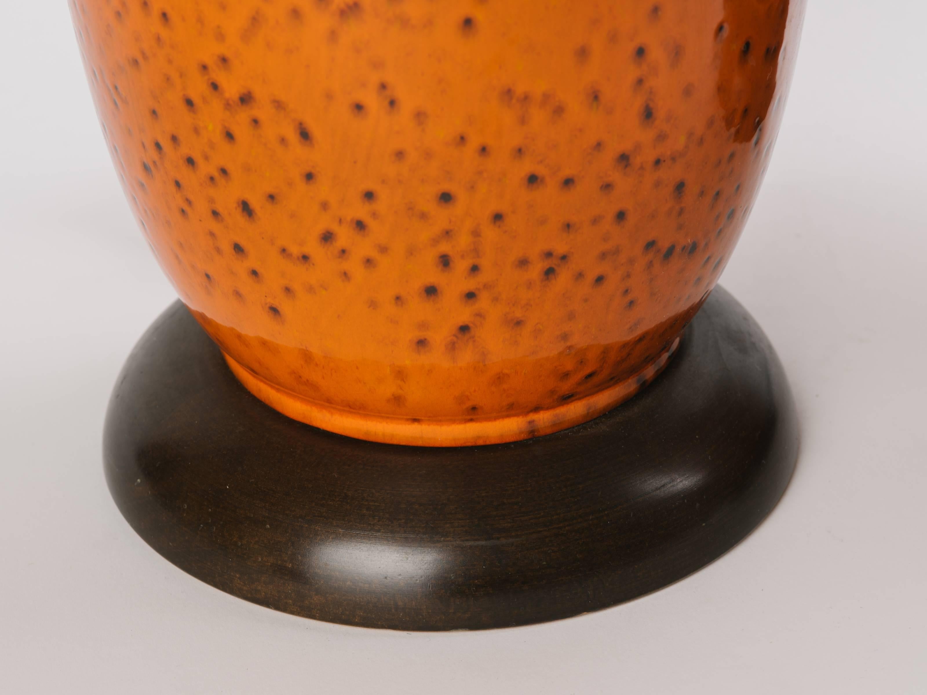 Glazed Pair of Mid-Century Modern Pottery Lamps in Burnt Orange