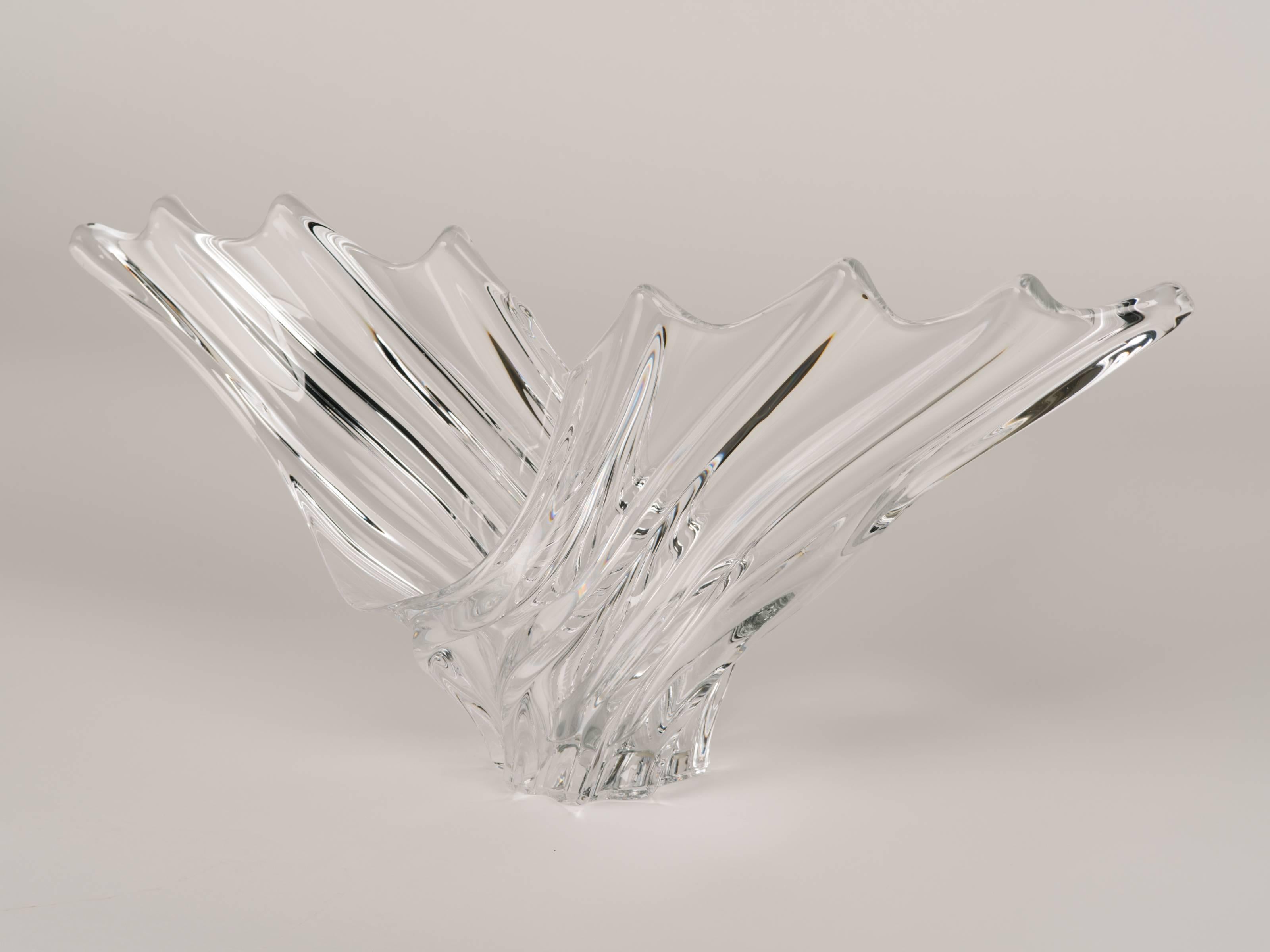 Large Mid-Century Modern crystal centerpiece bowl or vase with amorphous wave or wing formation . Exquisitely handblown and signed Art Vannes, France on the underside.
 