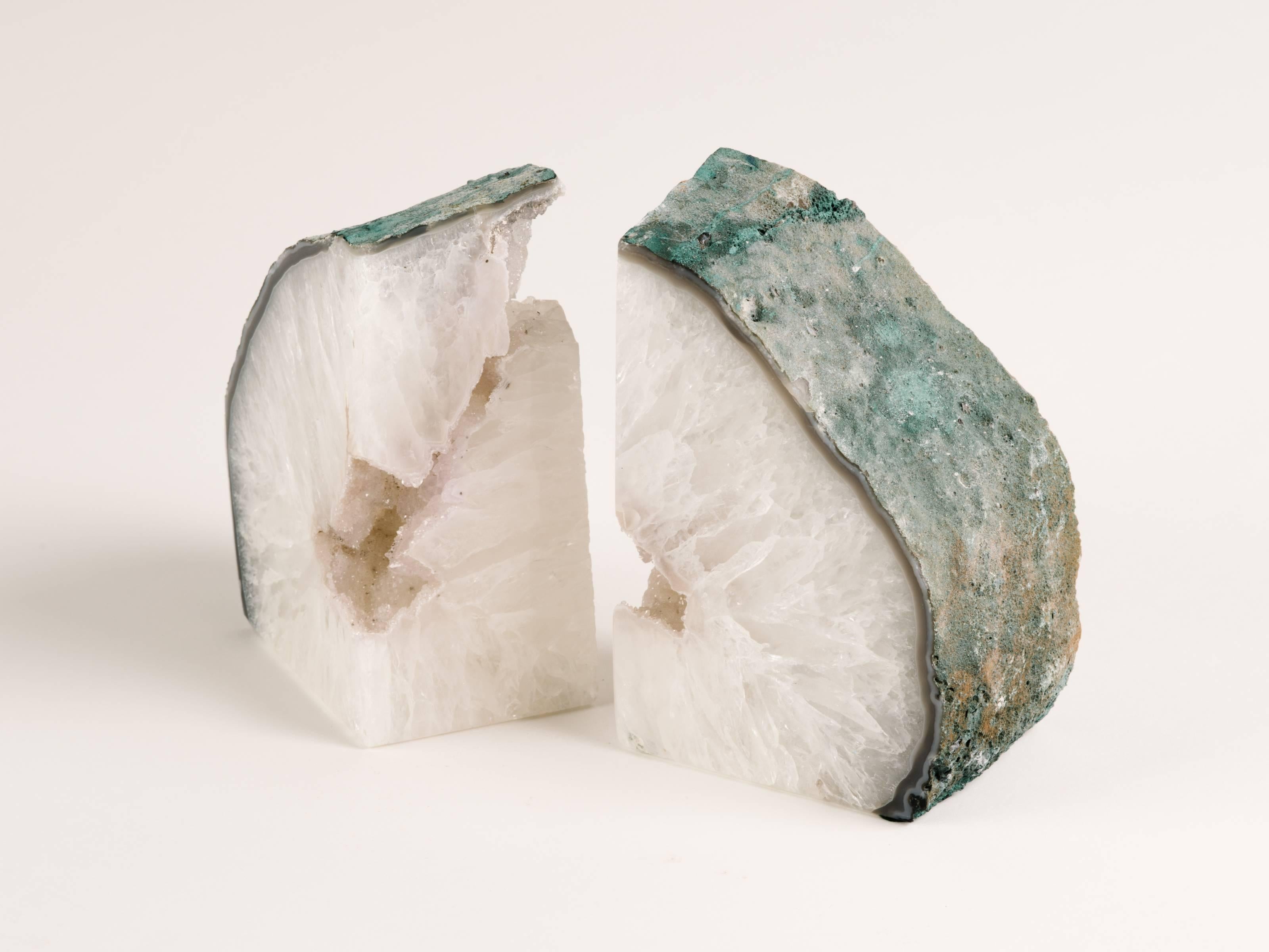 Pair of Chunky Quartz Crystal Bookends with Oxidized Green Edges 1