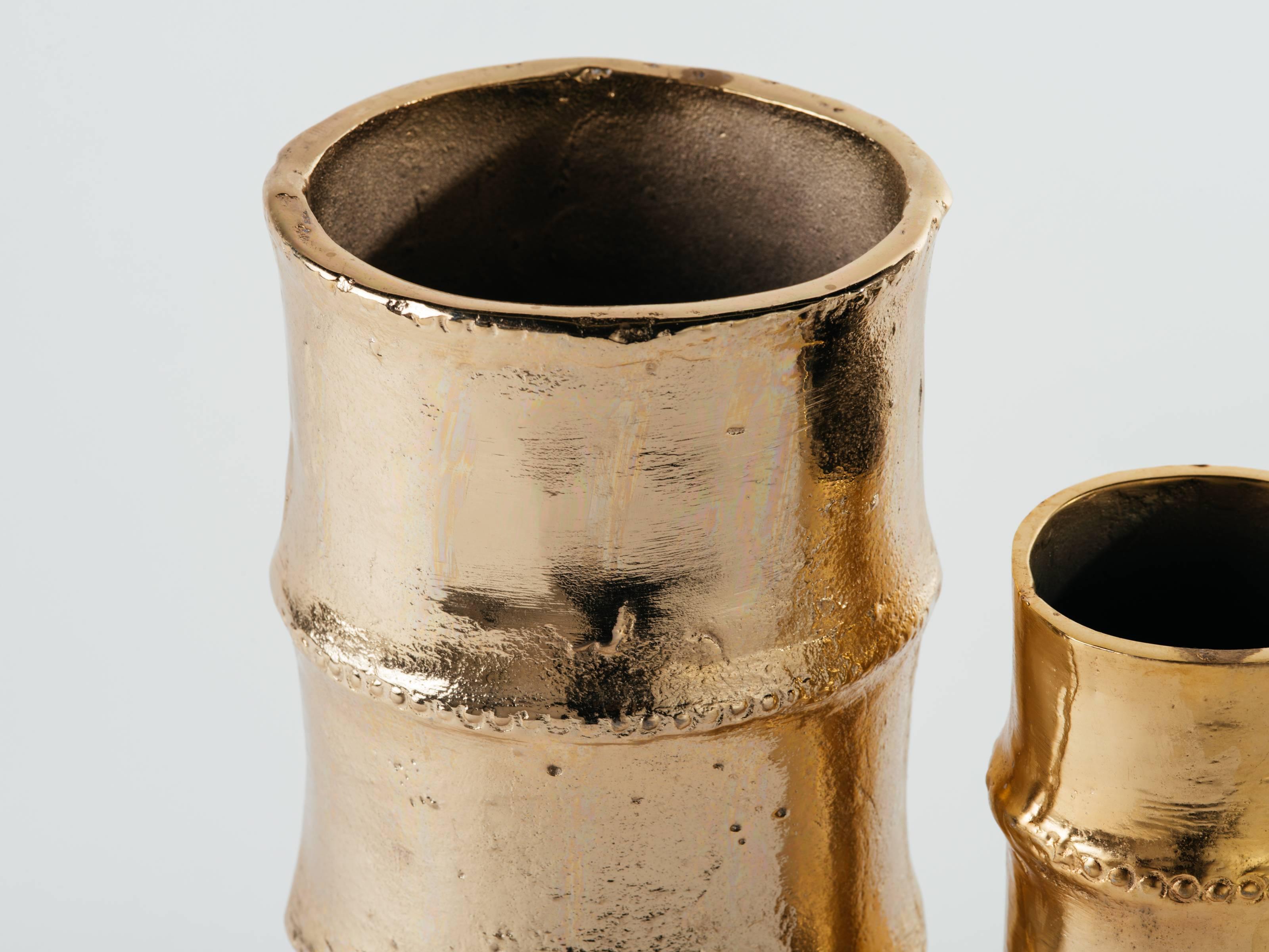 American Pair of Handmade Bamboo Vases in 24-Karat Gold-Plated Metal
