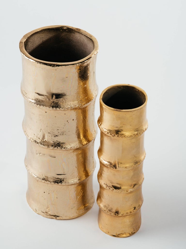 Pair of Handmade Bamboo Vases in 24Karat GoldPlated Metal For Sale at