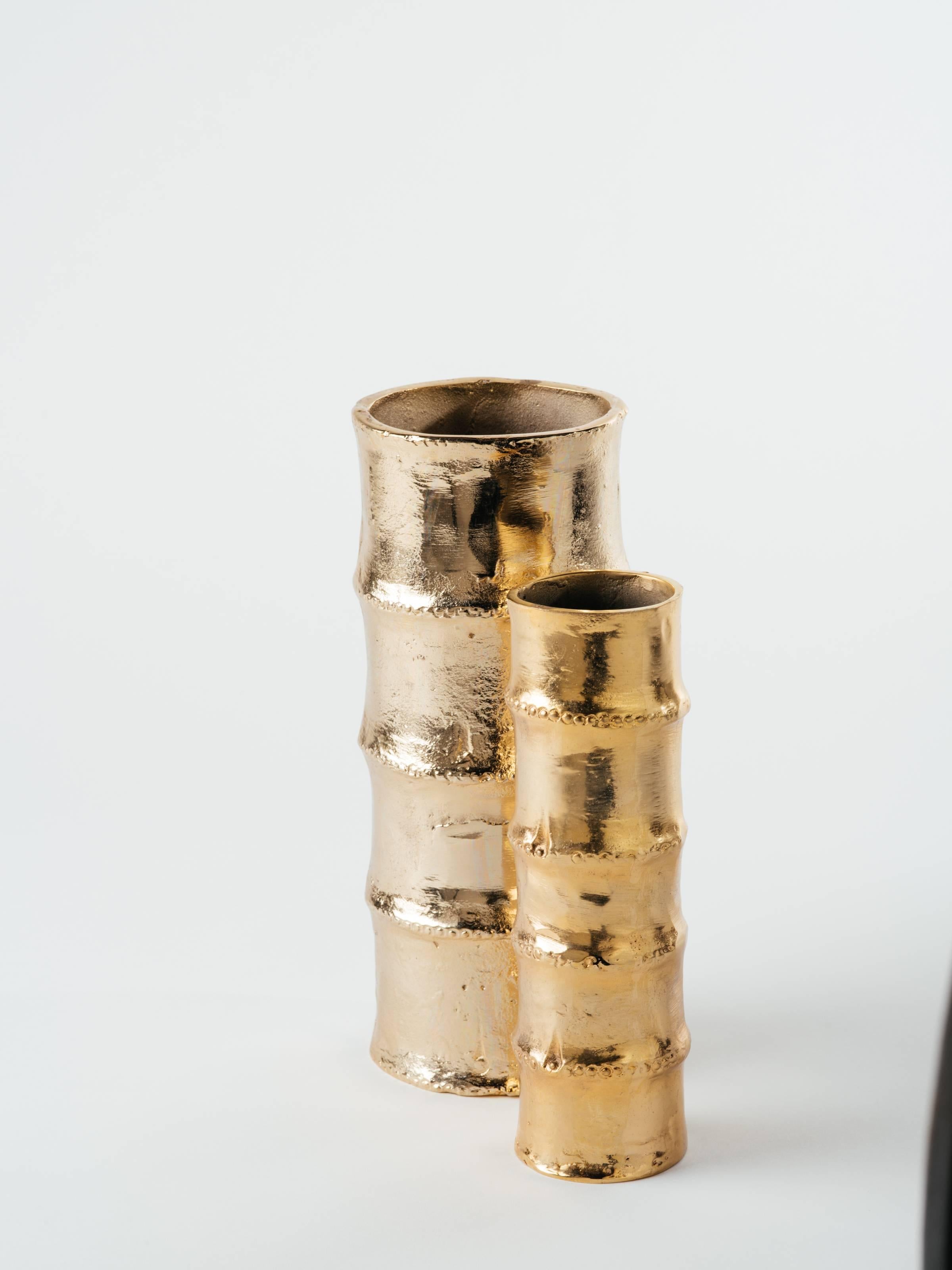 Iron Pair of Handmade Bamboo Vases in 24-Karat Gold-Plated Metal