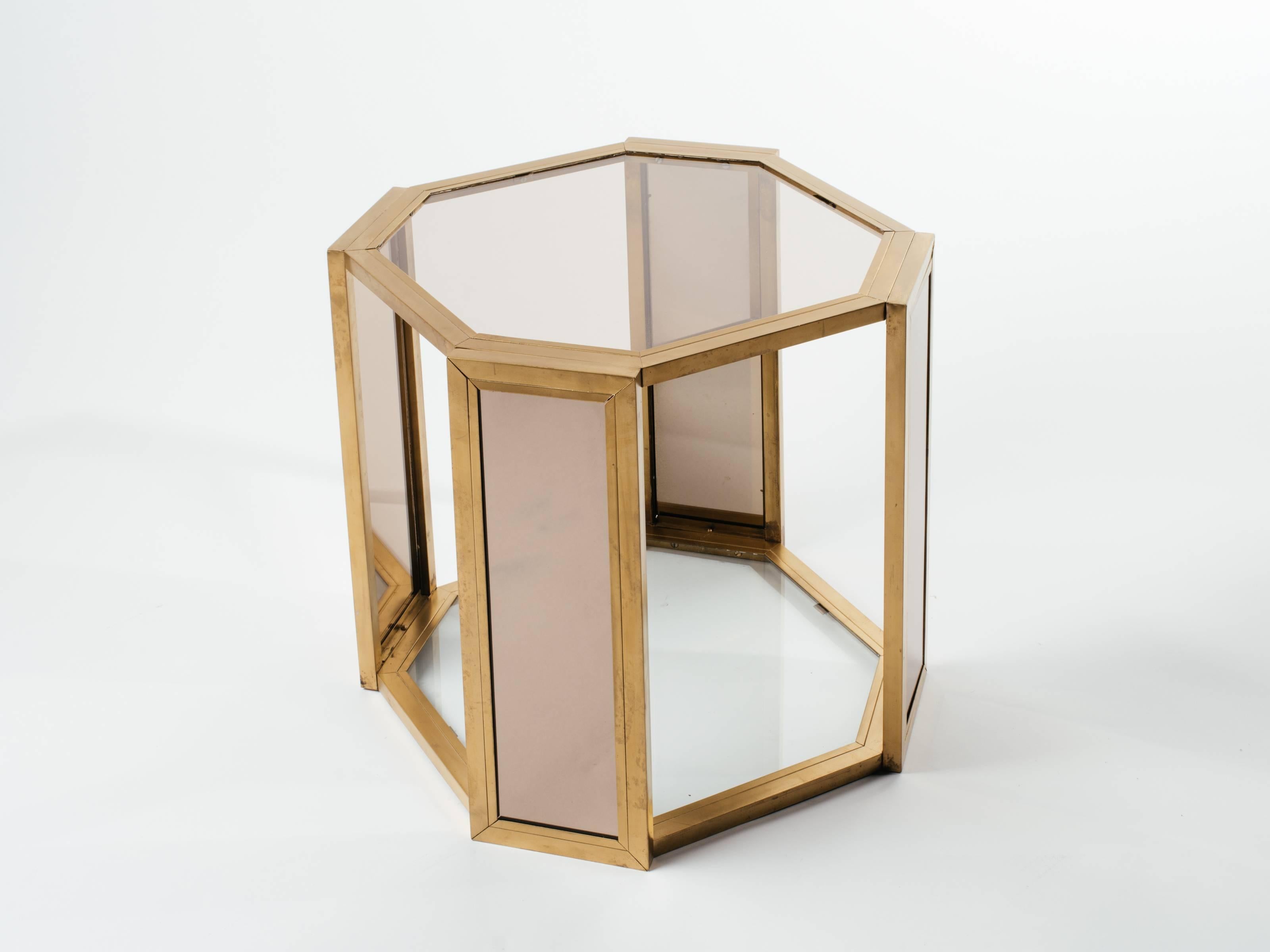 Pair of Hollywood Regency Hexagon End Tables in Brass and Smoked Glass 2