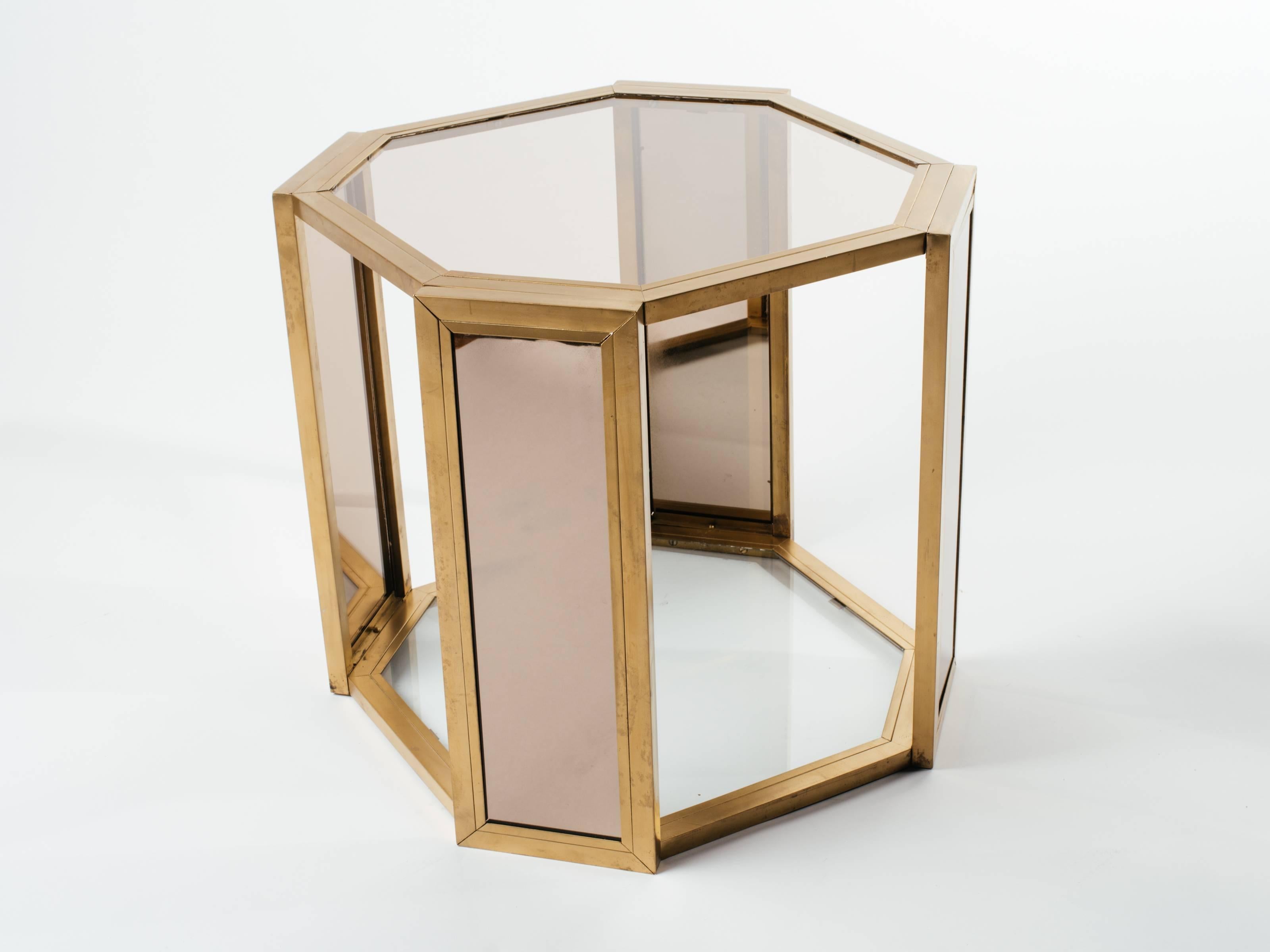 Pair of Hollywood Regency Hexagon End Tables in Brass and Smoked Glass 6