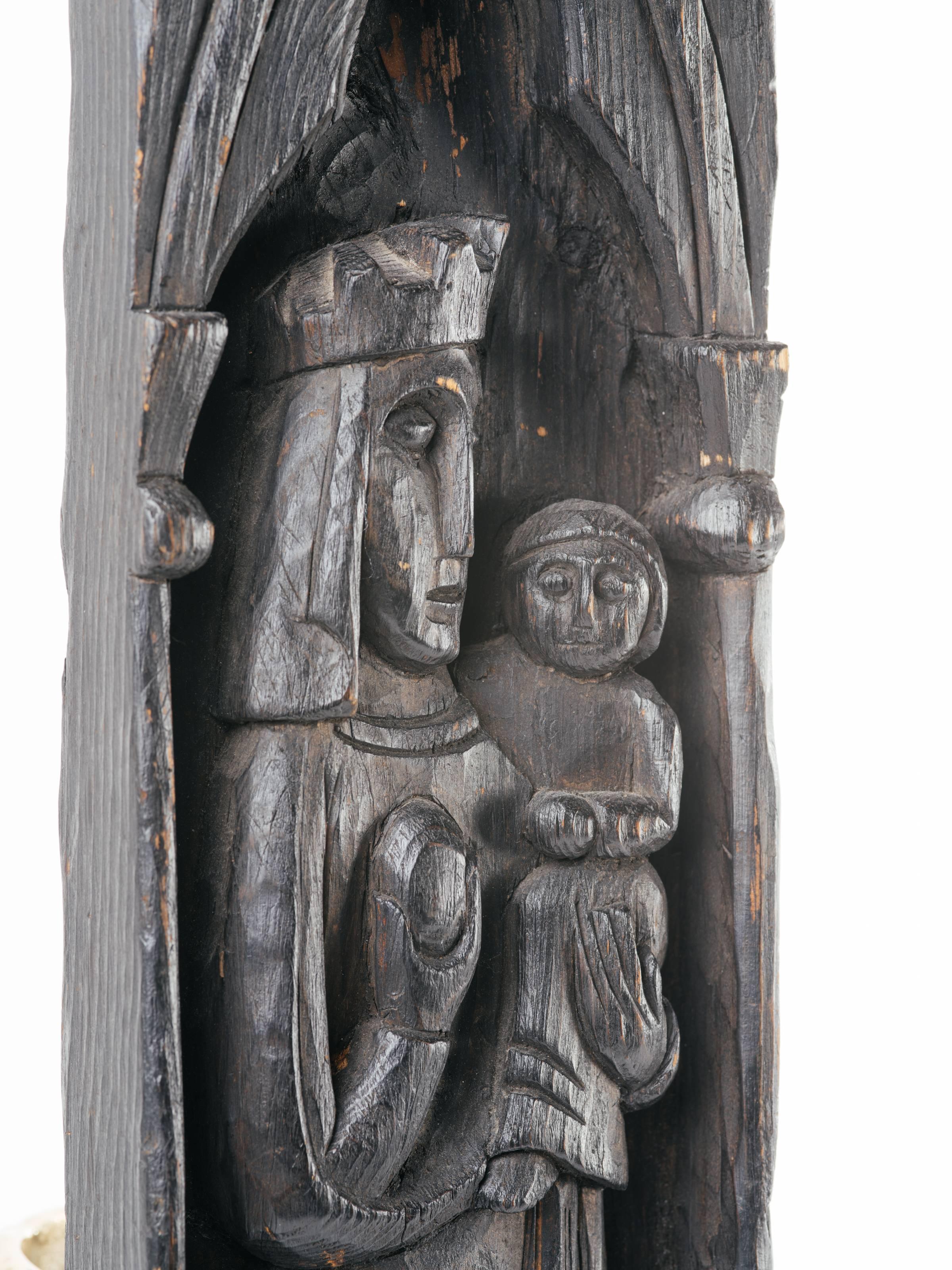 Gothic Revival Victorian Monolith Wood Carving of Madonna and Child, Early 20th C. 