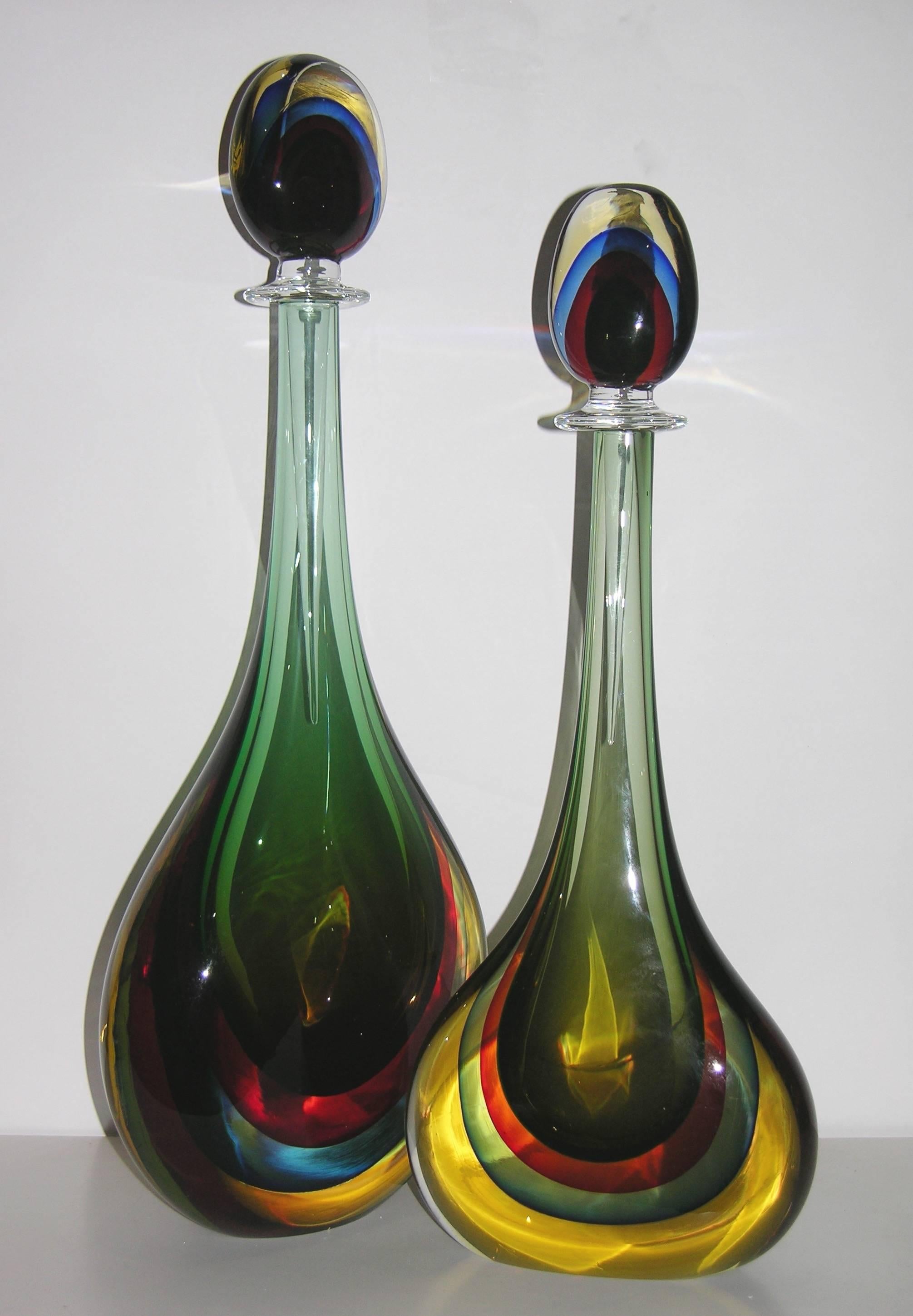 Blown Glass Formia Modern Italian Red Blue Yellow and Green Murano Glass Monumental Bottles 