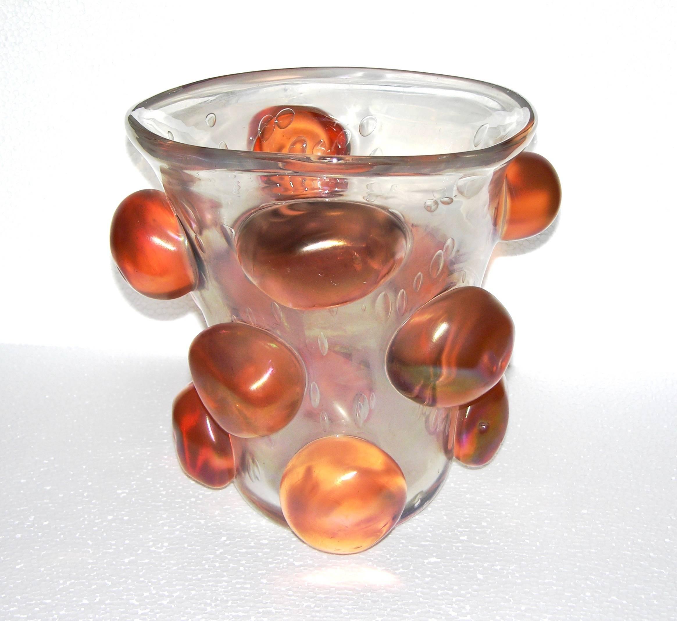 Mid-Century Modern 1970s Italian Modern Clear Murano Glass Large Size Vase with Apricot Buttons
