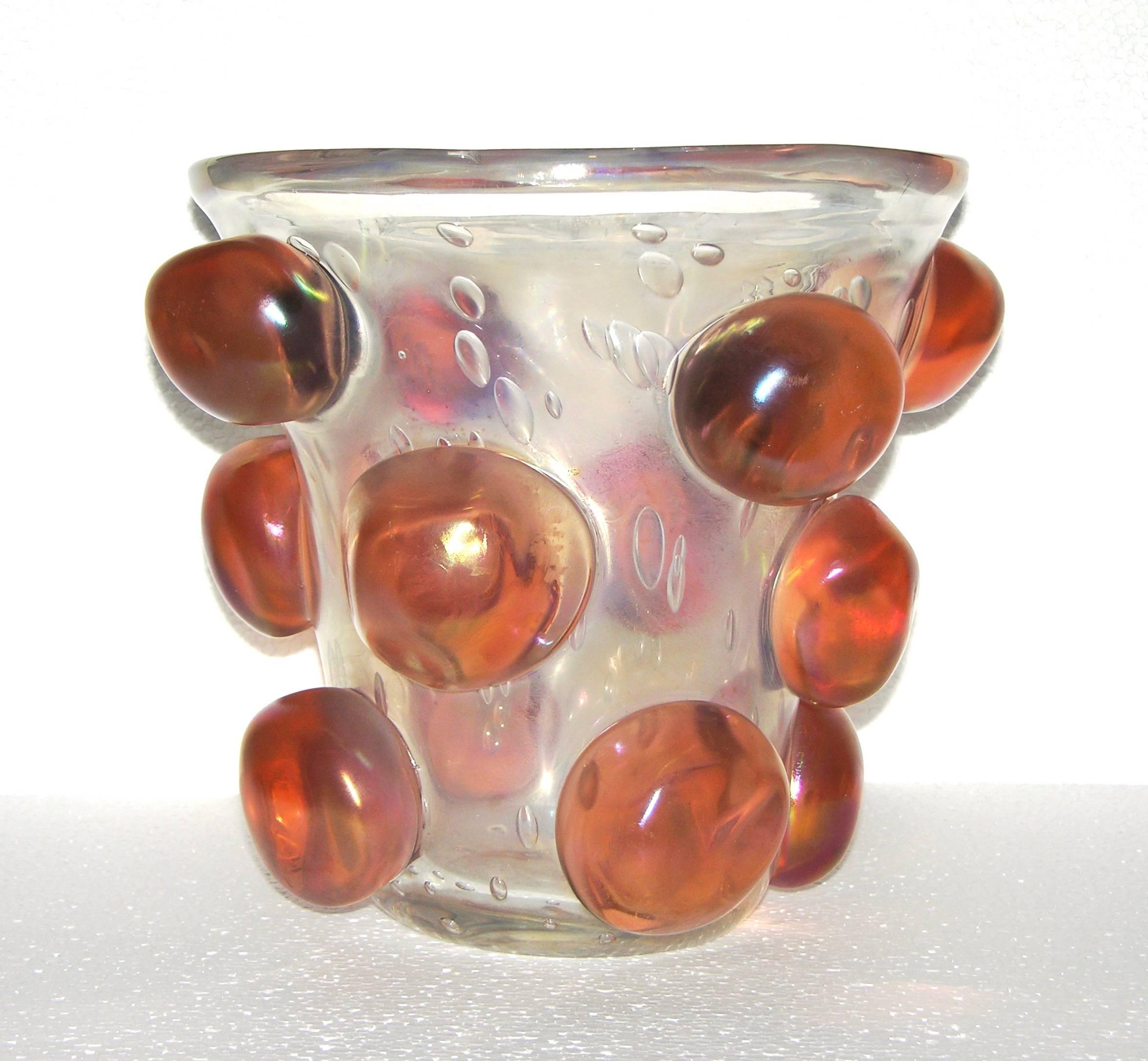 Blown Glass 1970s Italian Modern Clear Murano Glass Large Size Vase with Apricot Buttons