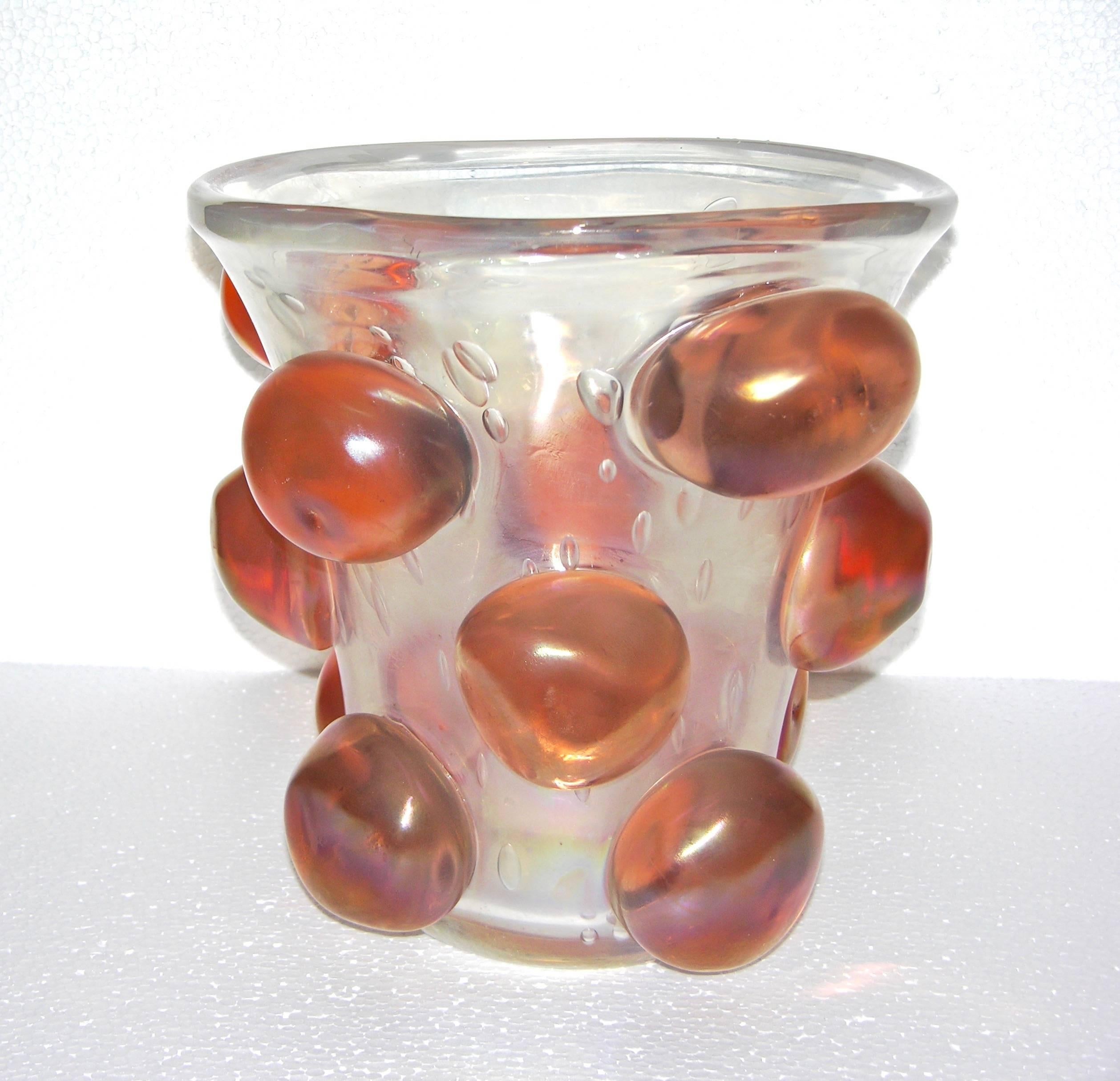 Late 20th Century 1970s Italian Modern Clear Murano Glass Large Size Vase with Apricot Buttons