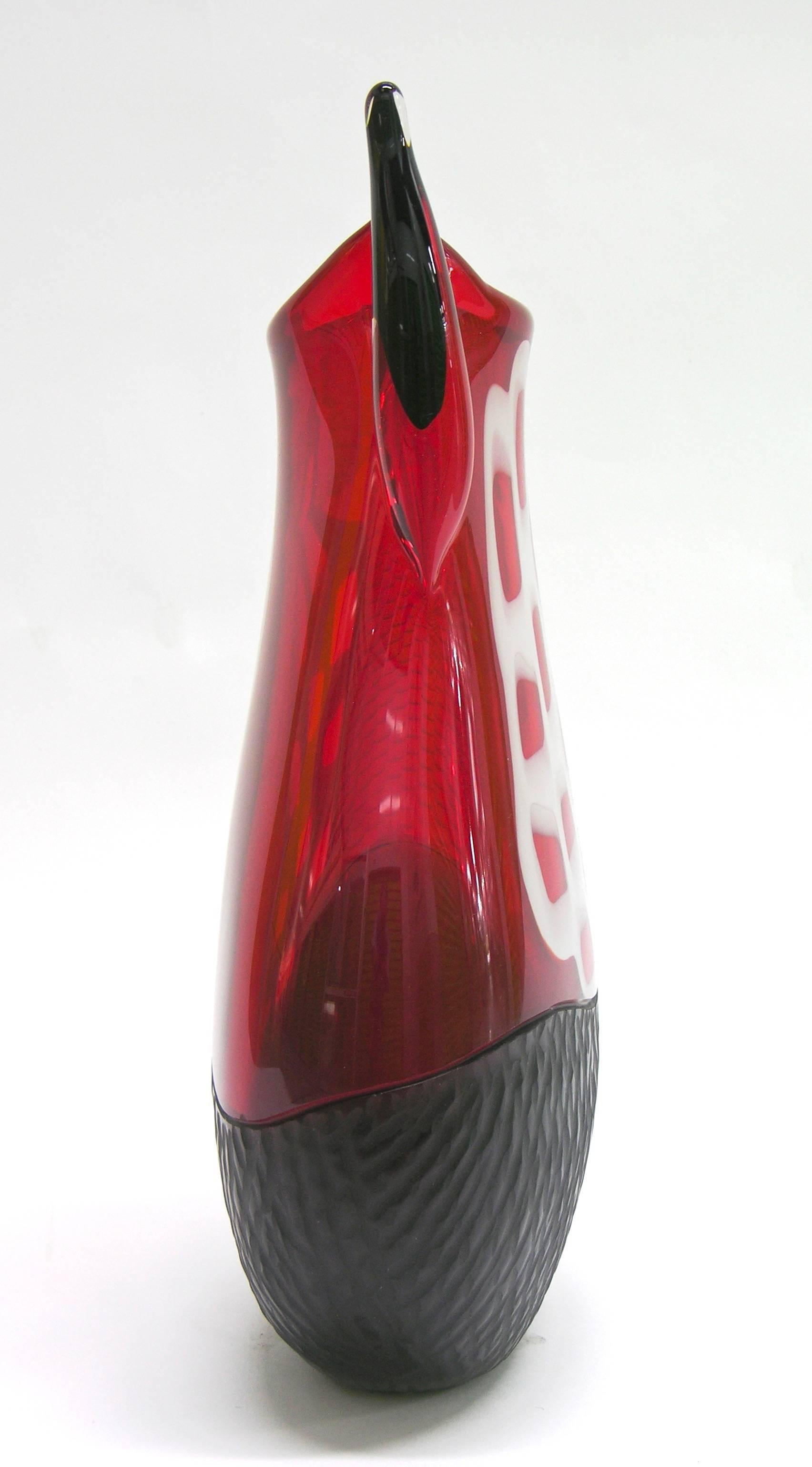 Blown Glass Alberto Dona 1980s Modern Sculpture Red Black White Engraved Murano Glass Vase For Sale