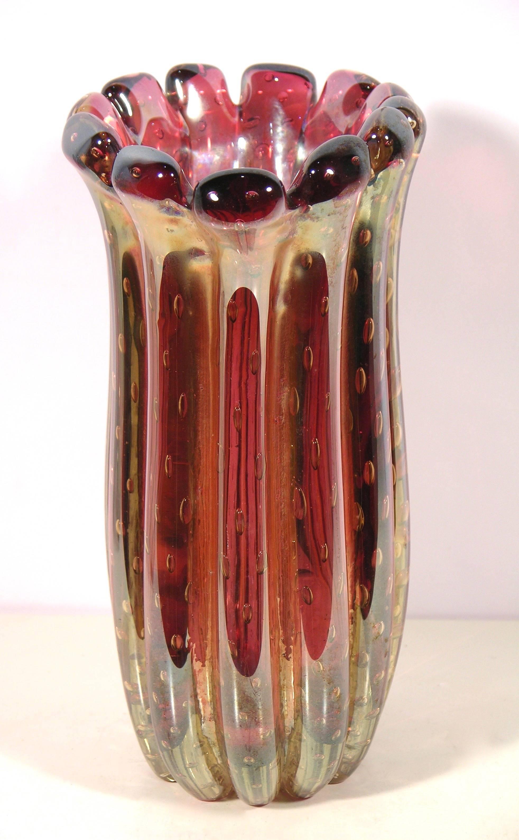 Blown Glass 1950s Italian Vintage Iridescent Ruby Red Vase Attributed to Ercole Barovier