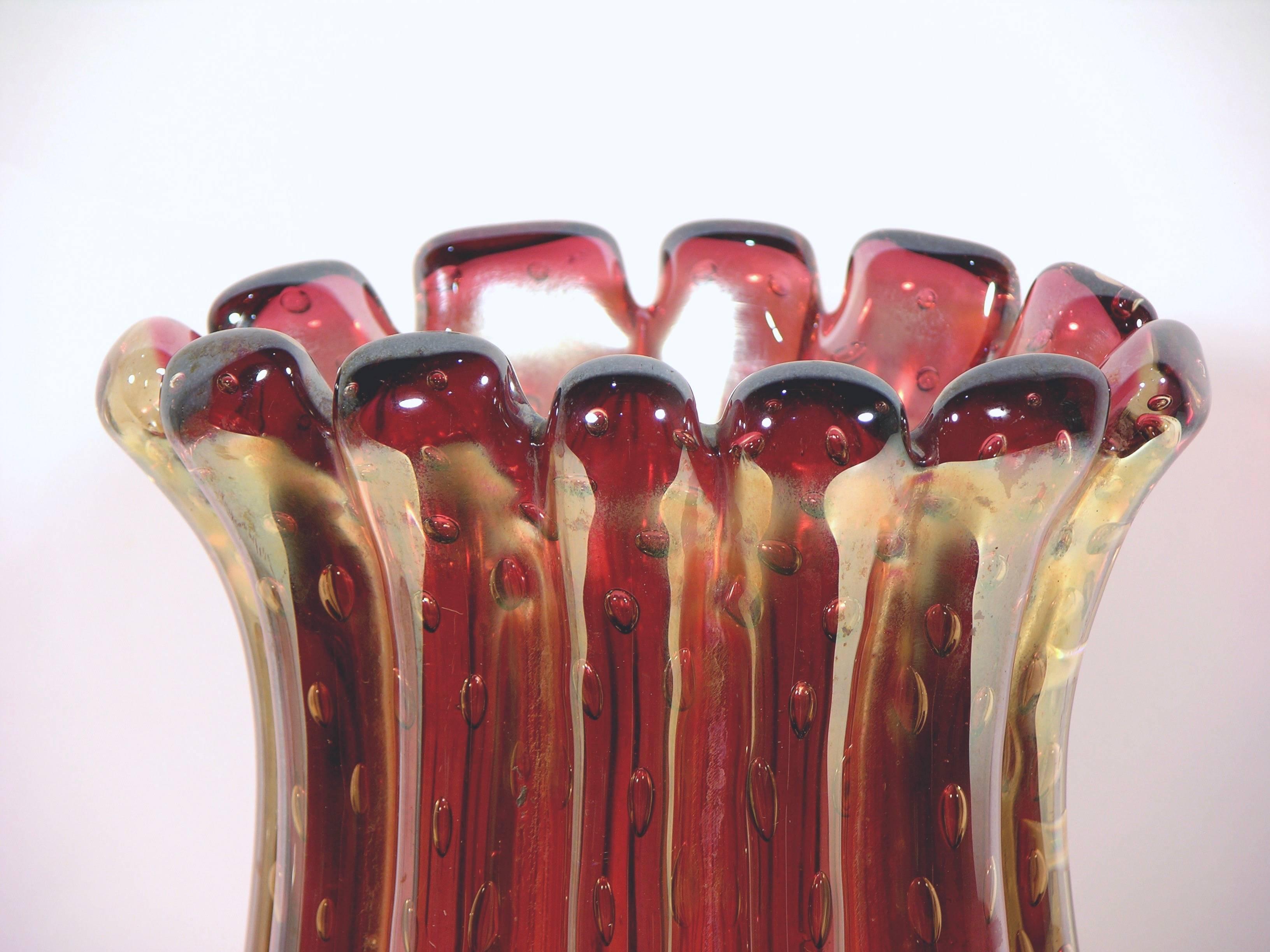 Mid-20th Century 1950s Italian Vintage Iridescent Ruby Red Vase Attributed to Ercole Barovier