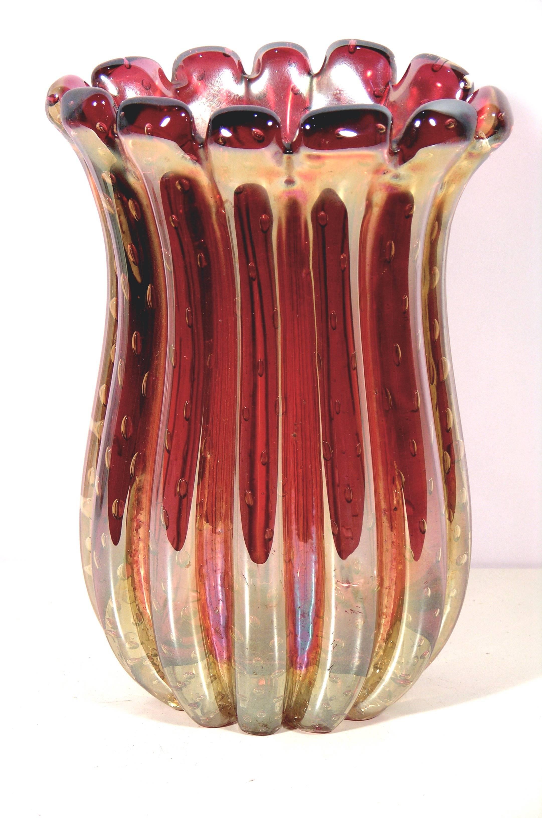 1950s Italian Vintage Iridescent Ruby Red Vase Attributed to Ercole Barovier 1