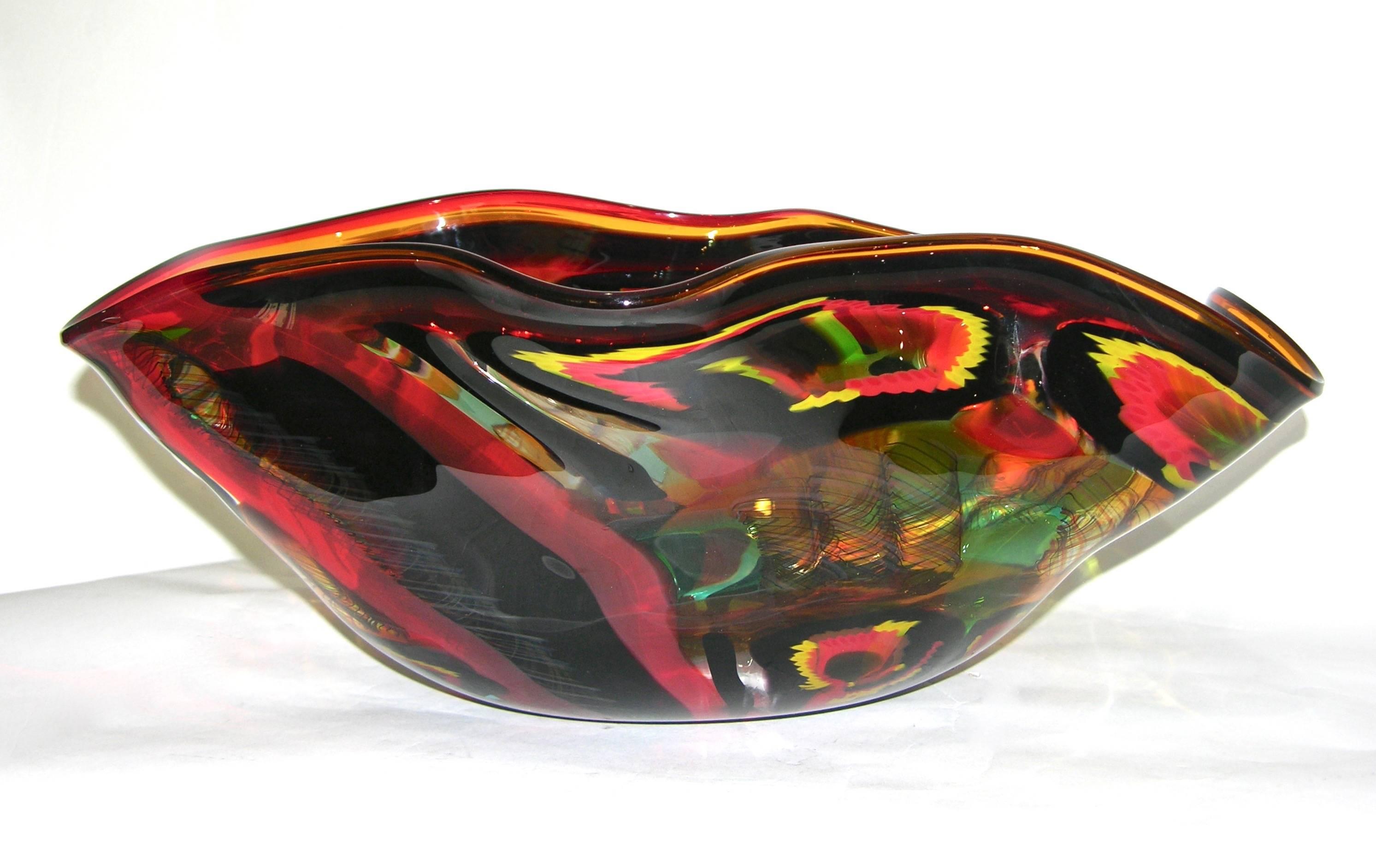 Contemporary Afro Celotto Large Free-Form Art Glass Bowl in Red Black Turquoise and Yellow