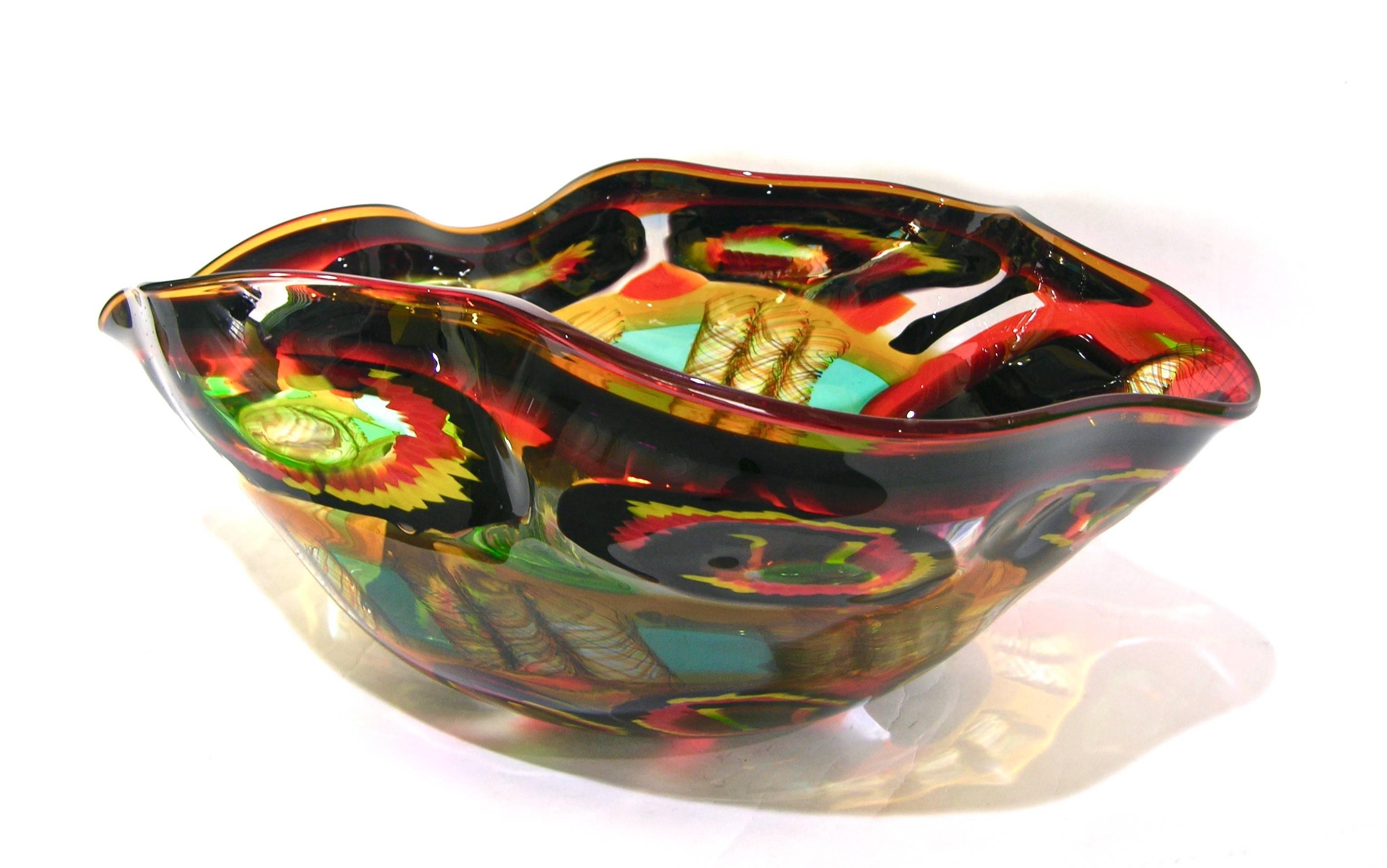 Modern Afro Celotto Large Free-Form Art Glass Bowl in Red Black Turquoise and Yellow
