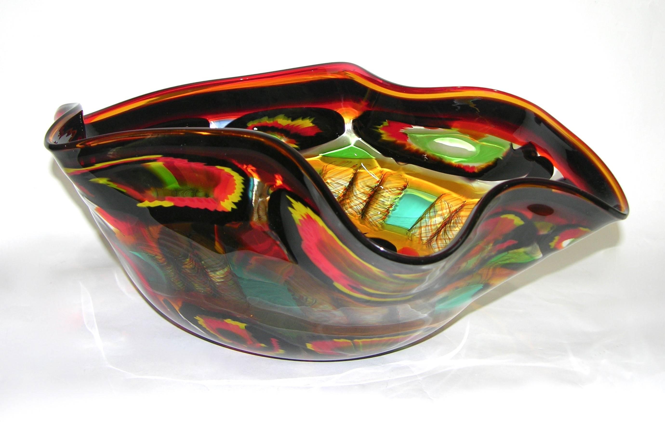 Blown Glass Afro Celotto Large Free-Form Art Glass Bowl in Red Black Turquoise and Yellow