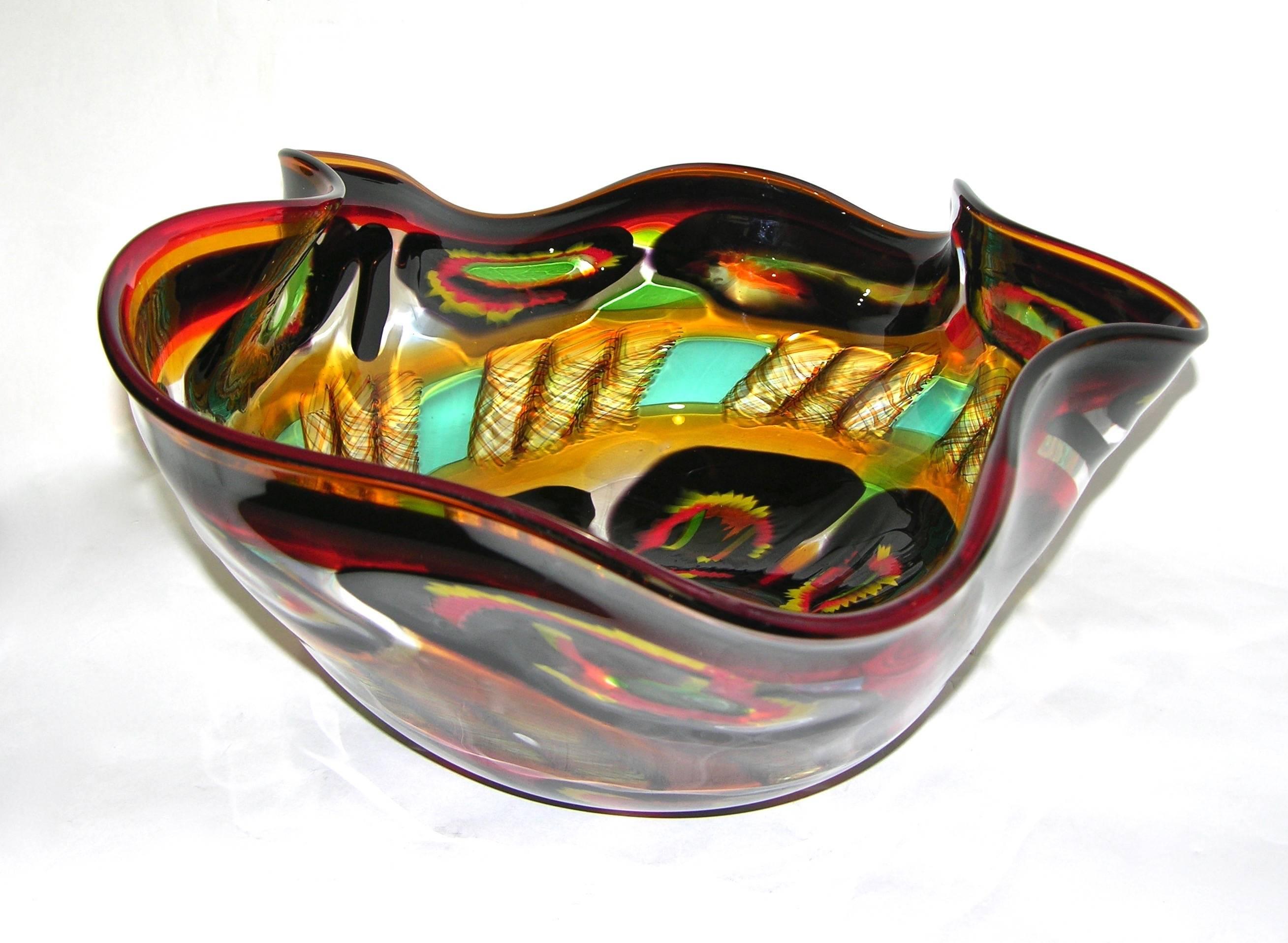 Italian Afro Celotto Large Free-Form Art Glass Bowl in Red Black Turquoise and Yellow