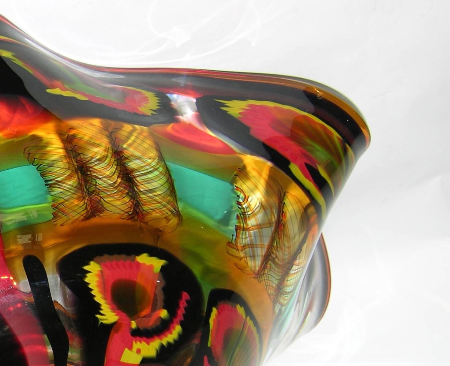 Afro Celotto Large Free-Form Art Glass Bowl in Red Black Turquoise and Yellow In Excellent Condition In New York, NY