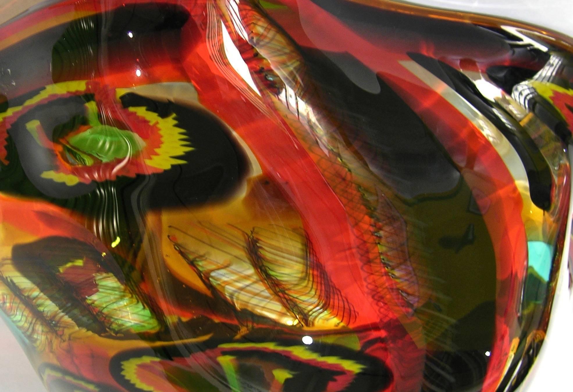 Hand-Crafted Afro Celotto Large Free-Form Art Glass Bowl in Red Black Turquoise and Yellow