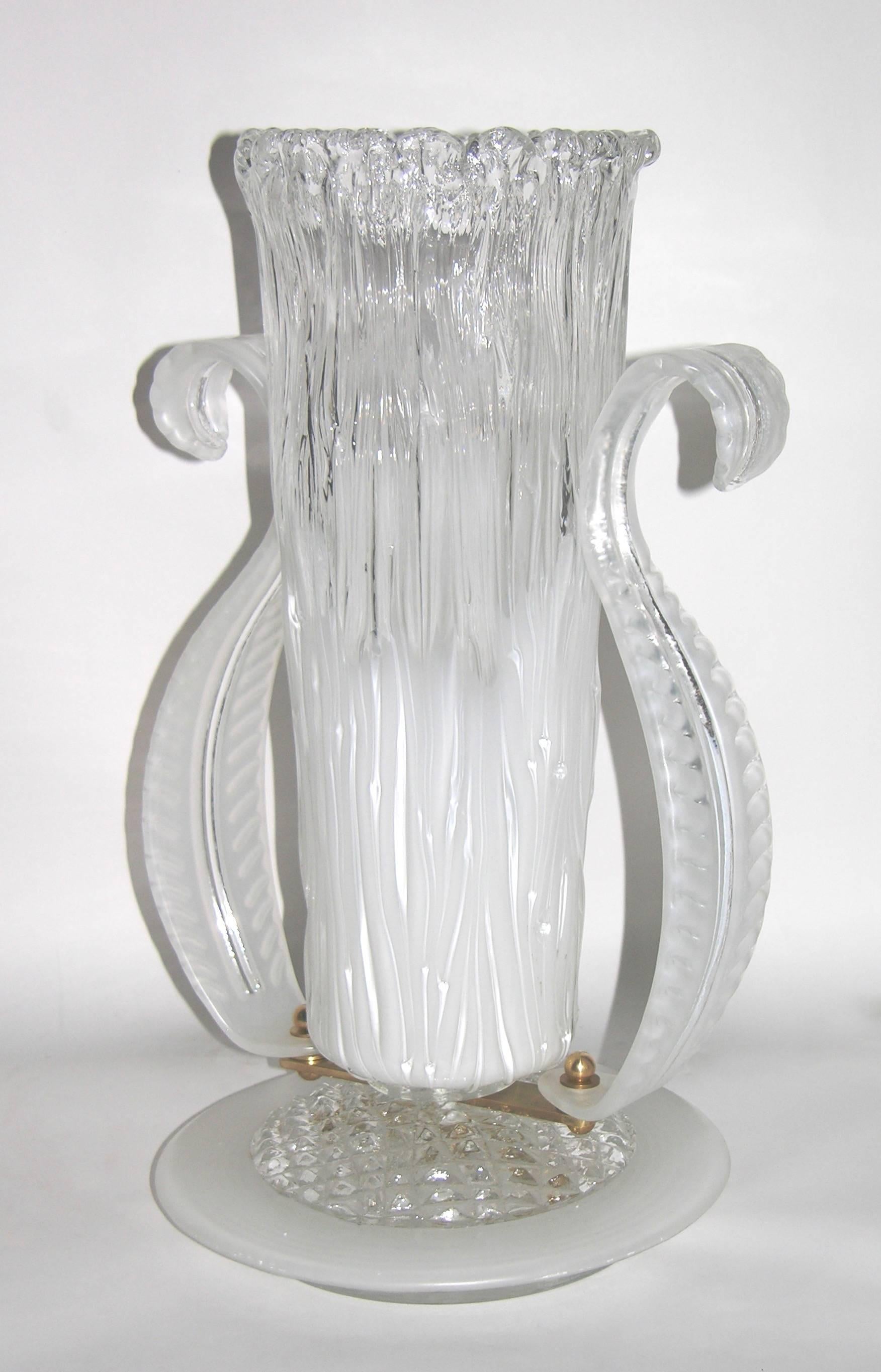 Italian 1980s Art Deco Design Pair of White and Clear Murano Glass Lamps 2
