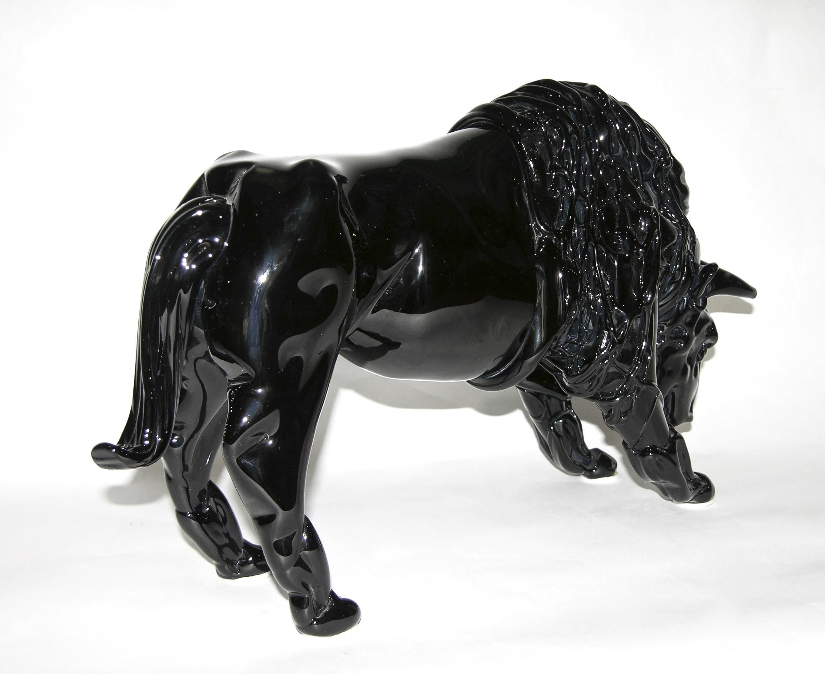 Blown Glass Romano Dona' 1980 Italian Black Murano Art Glass Bison Modern Sculpture 