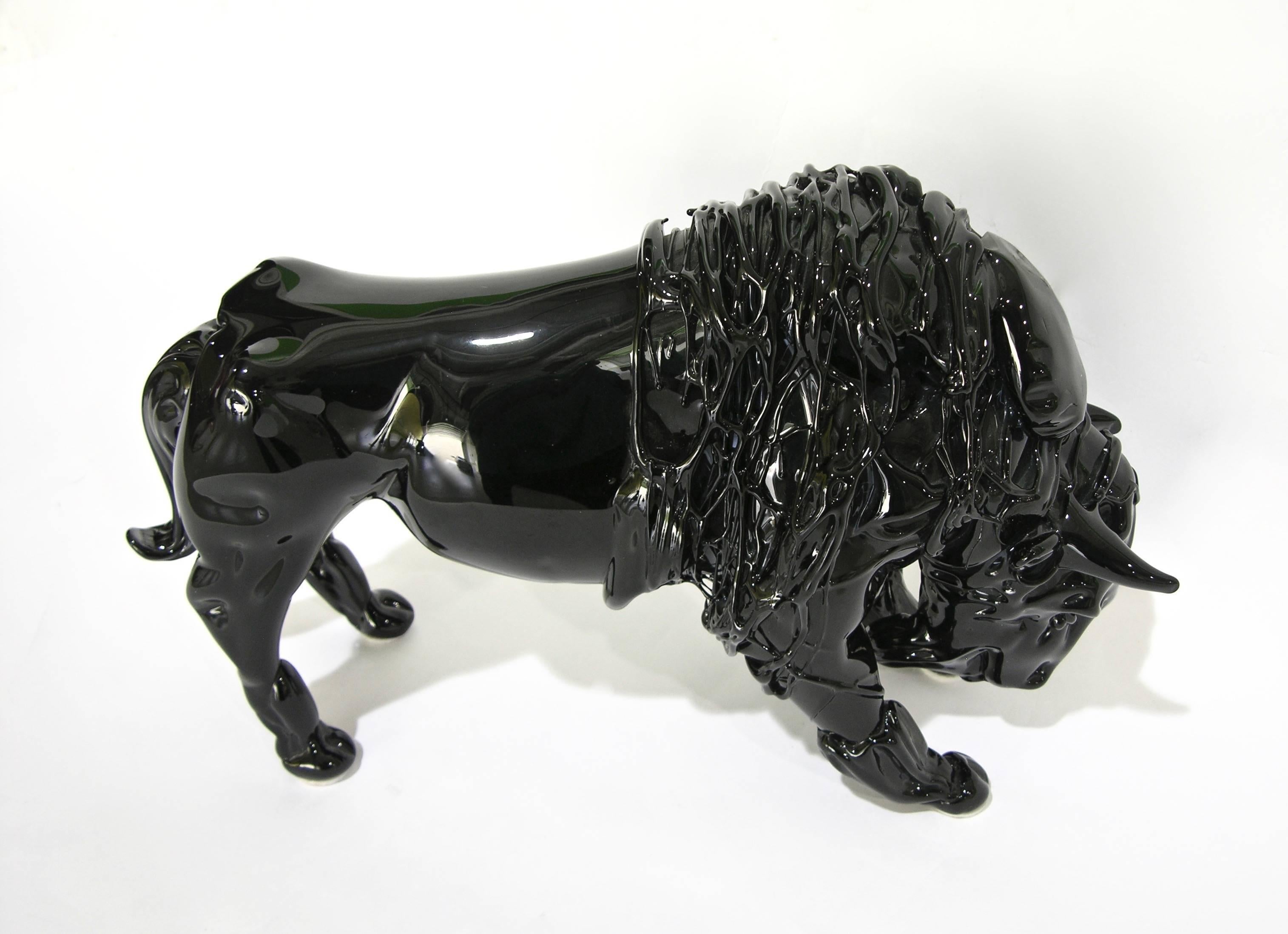 Late 20th Century Romano Dona' 1980 Italian Black Murano Art Glass Bison Modern Sculpture 