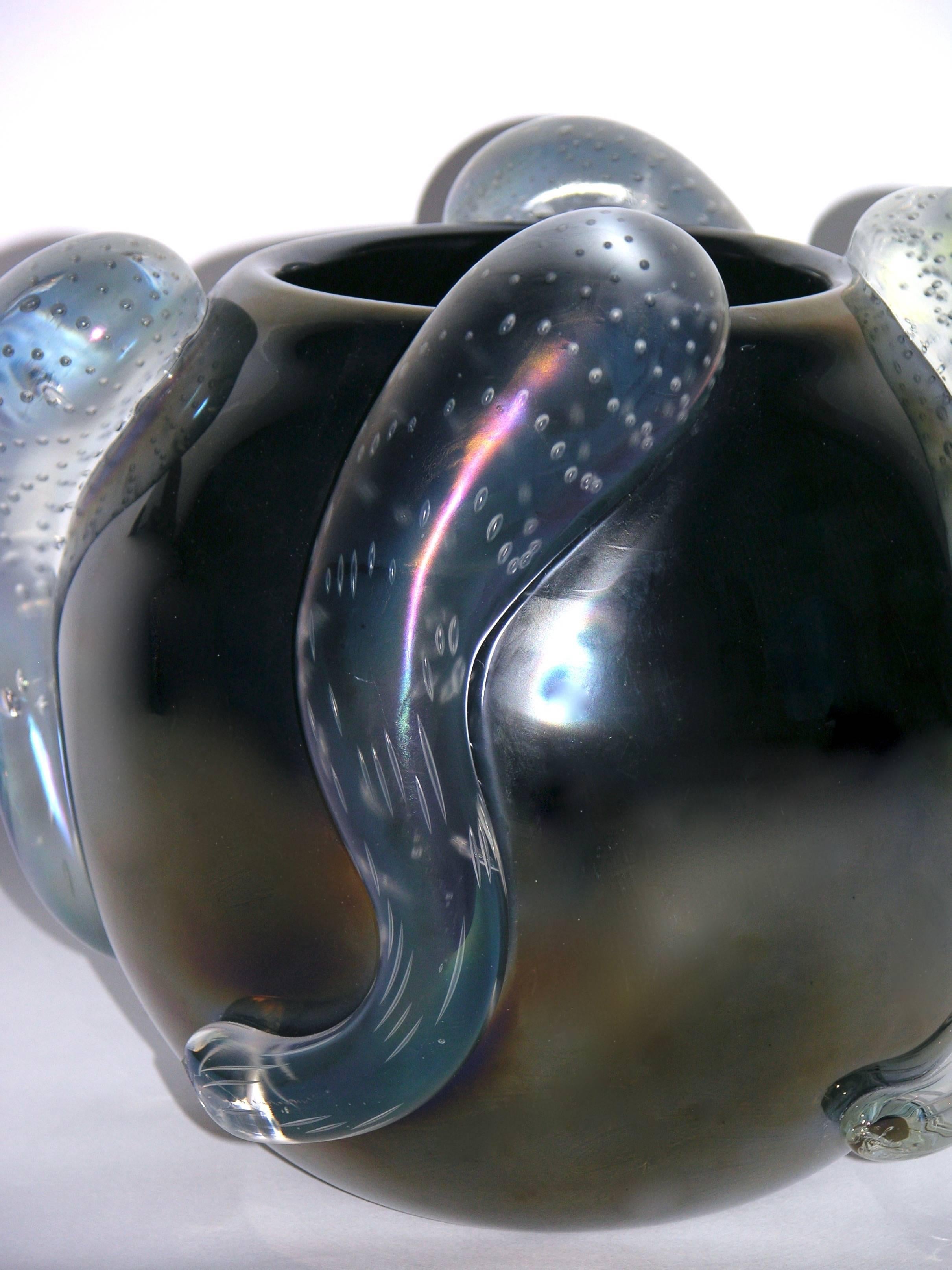 Hand-Crafted Costantini Italian Pair of Sculpture Iridescent Black Murano Glass Round Vases