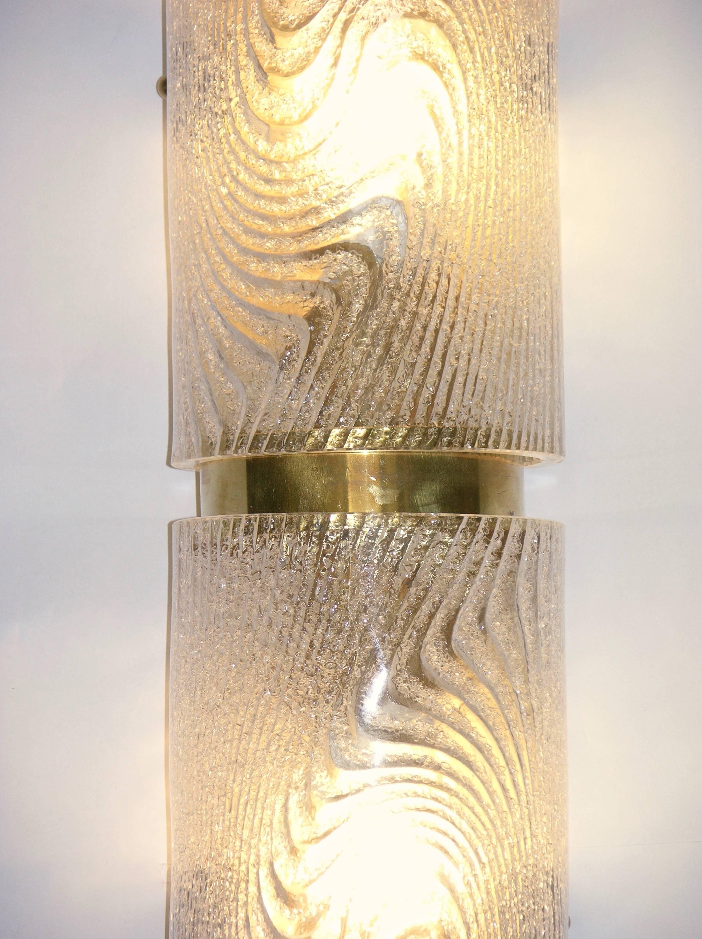 Mid-Century Modern 1970s Vintage Italian Pair of Frosted Glass and Brass Wall or Ceiling Lights