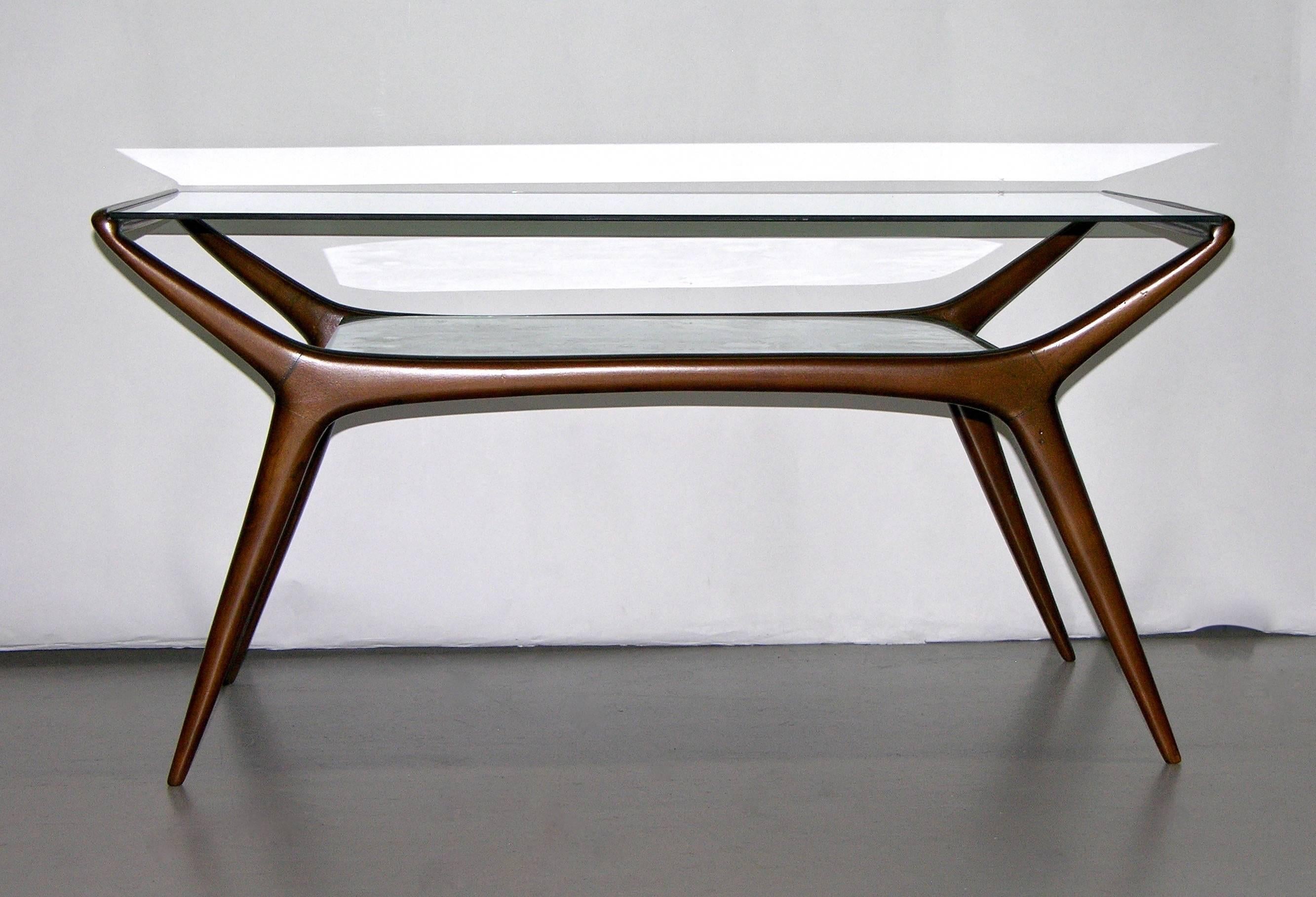 Hand-Crafted Ico Parisi 1950s Italian Modern Two-Tier Mahogany and Glass Sofa or Coffee Table
