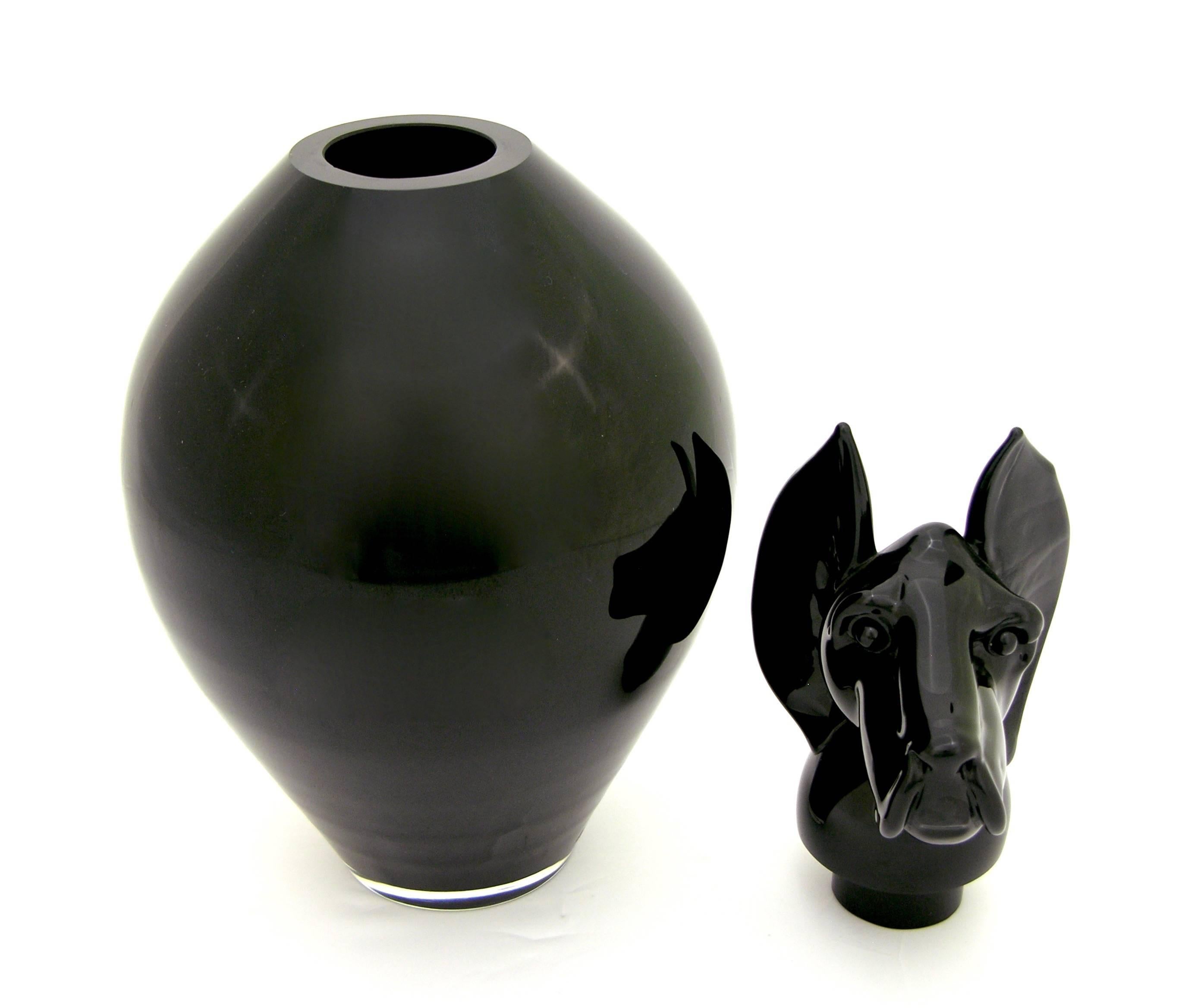 Contemporary Formia 2001 Italian Black Murano Glass Bottle with Dog Head Stopper For Sale