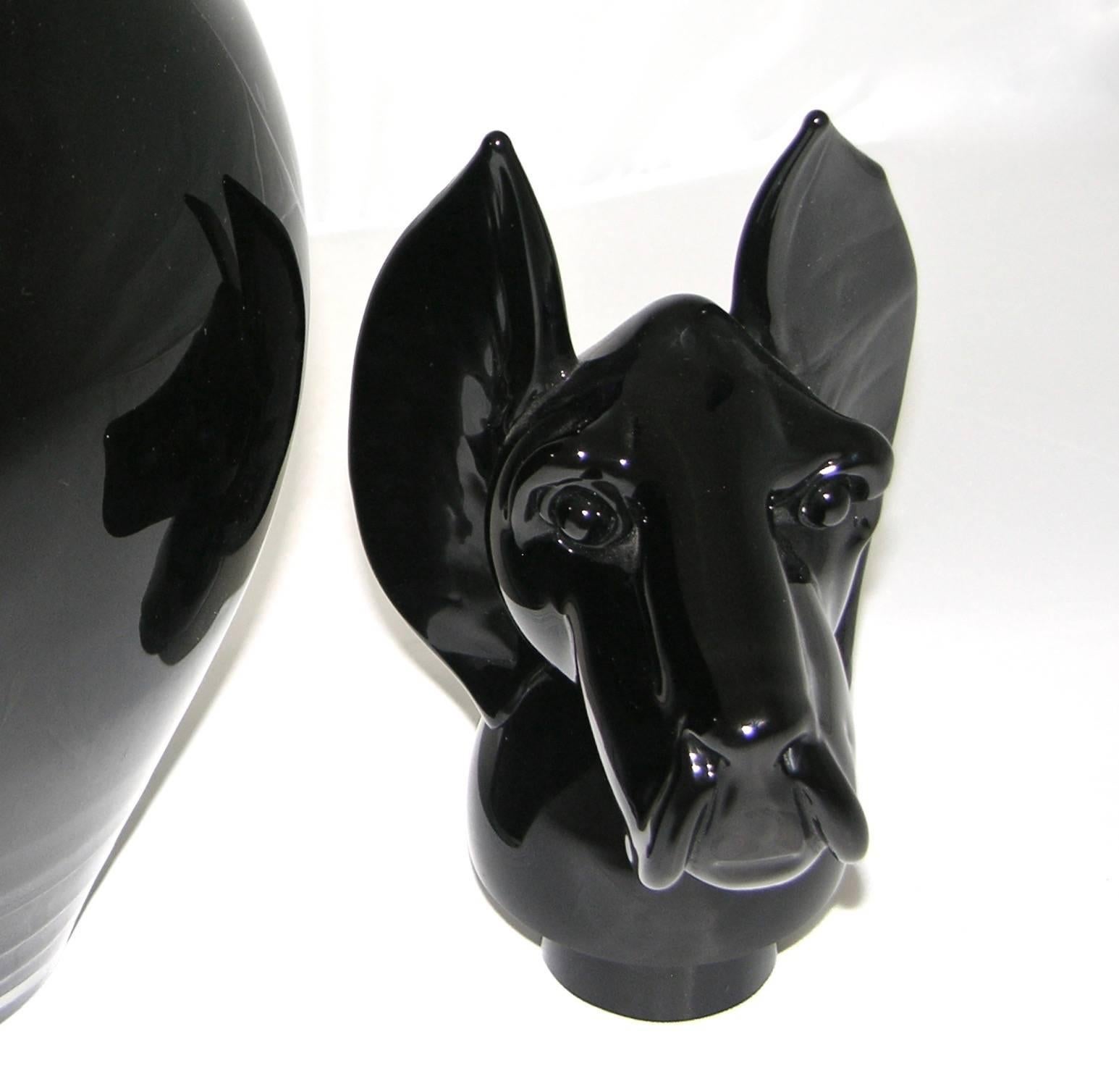 Modern Formia 2001 Italian Black Murano Glass Bottle with Dog Head Stopper For Sale