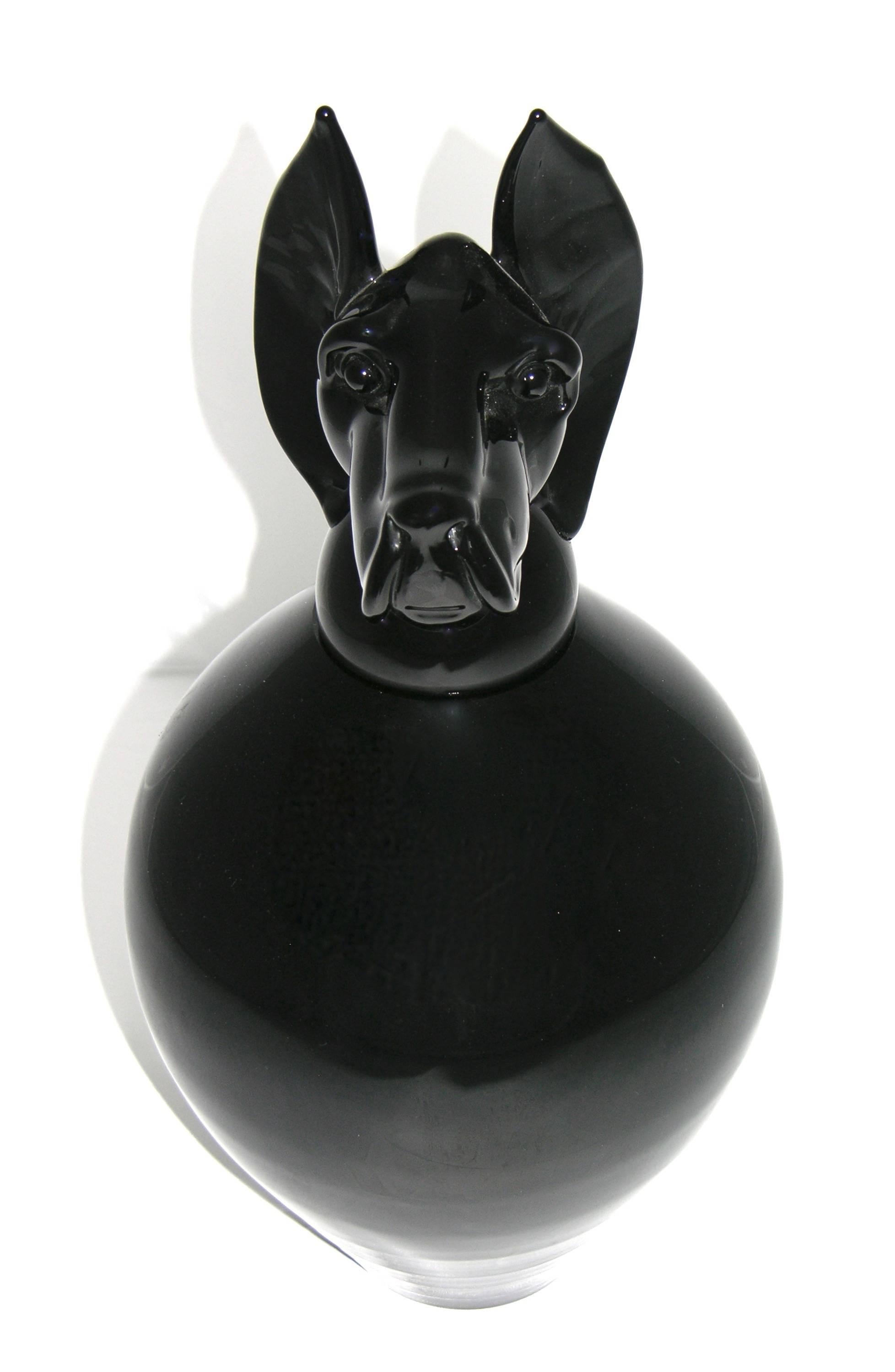 Formia 2001 Italian Black Murano Glass Bottle with Dog Head Stopper In Excellent Condition For Sale In New York, NY